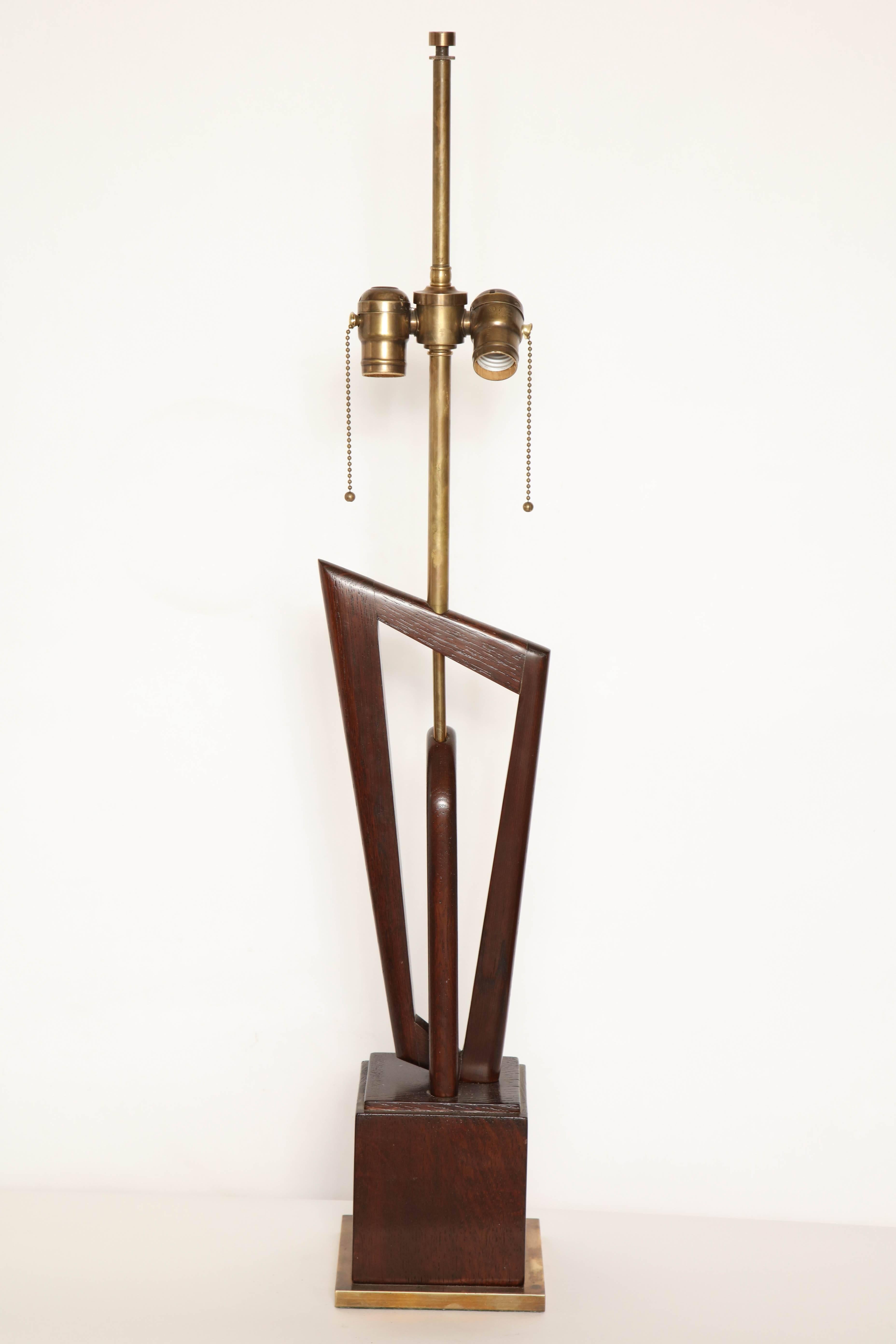 Pair of Mid-Century, 1950s Sculptural Wood and Brass Table Lamps 1