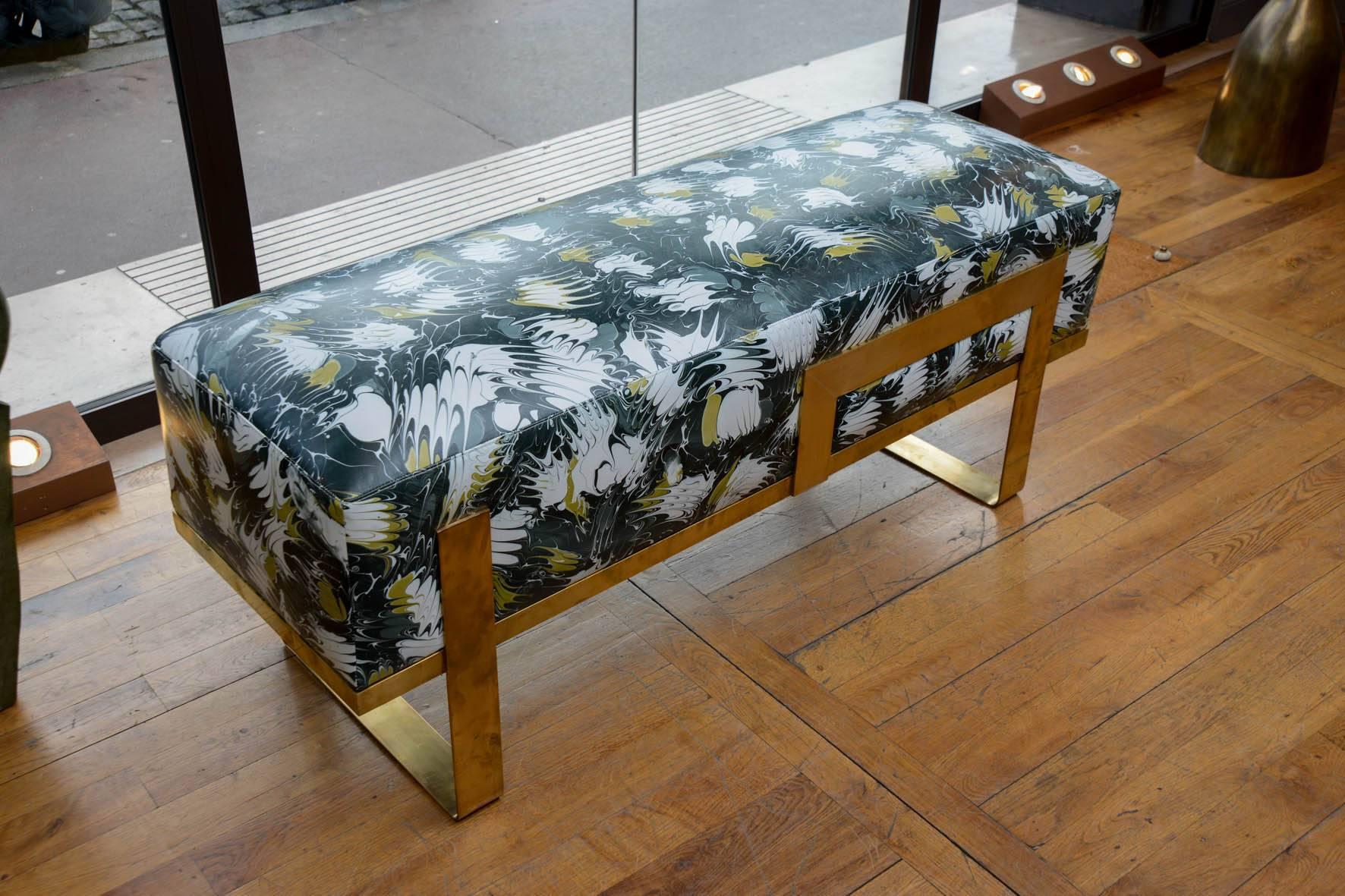 Modern Bench Upholstered with Hand-Painted Leather
