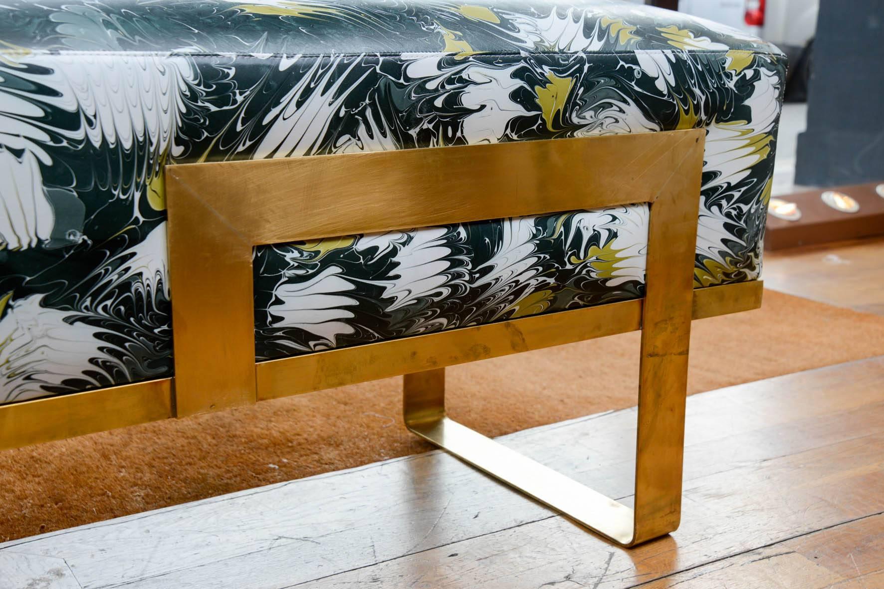 French Bench Upholstered with Hand-Painted Leather