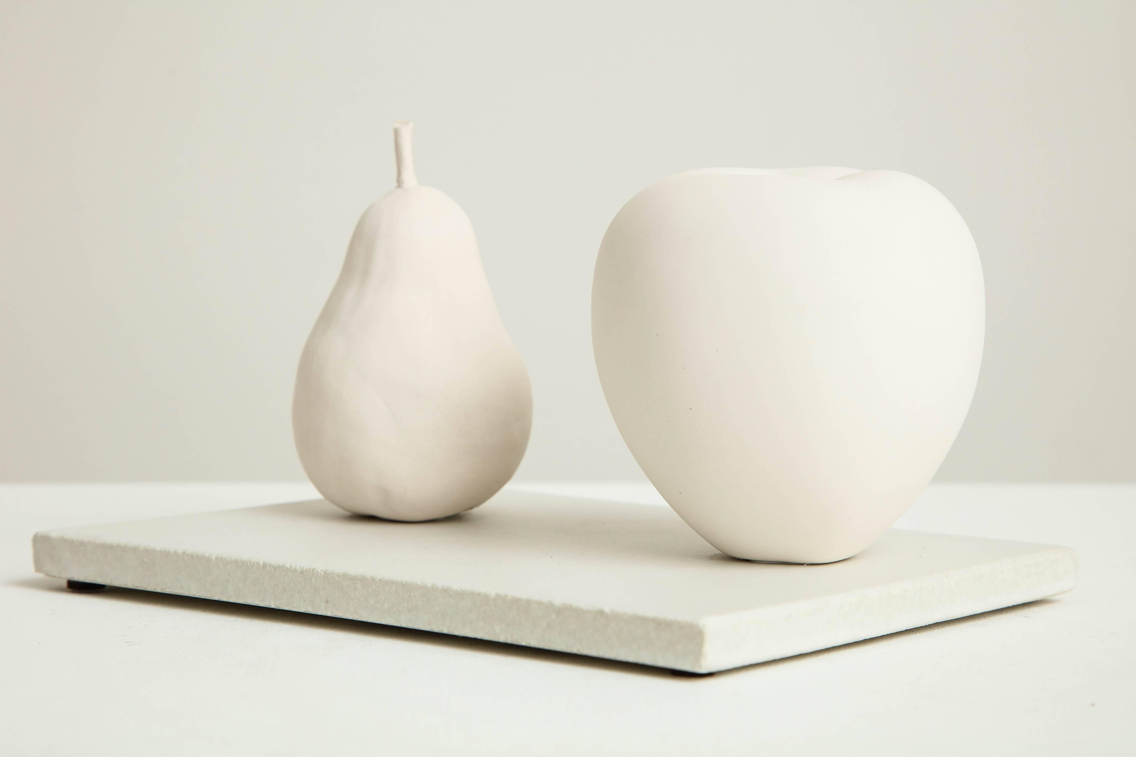 Fired Porcelain Still Life in White with Apple and Pear by Anat Shiftan, 2017