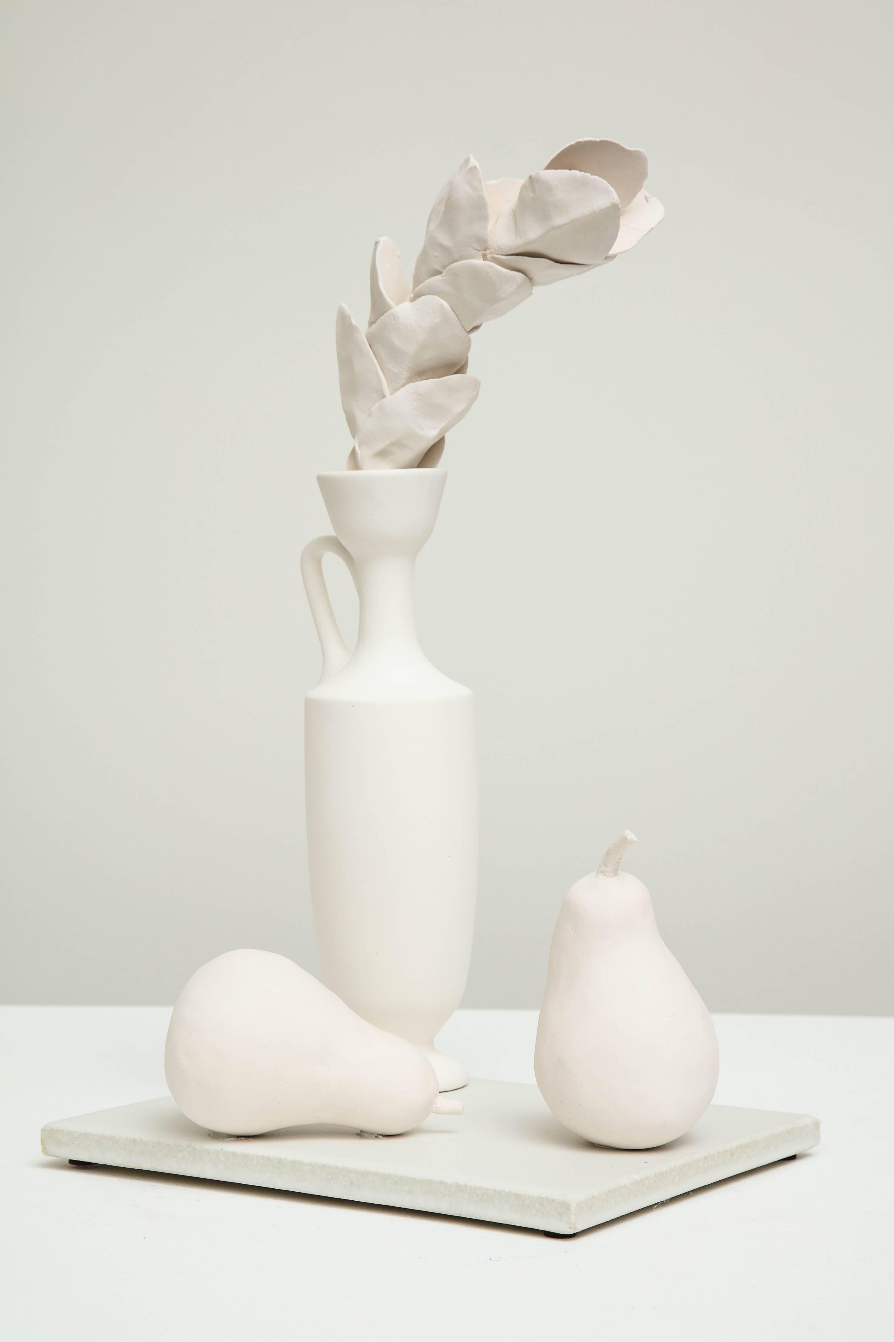 Fired Still Life in White with Lekythos, Branch, and Two Pears by Anat Shiftan, 2017