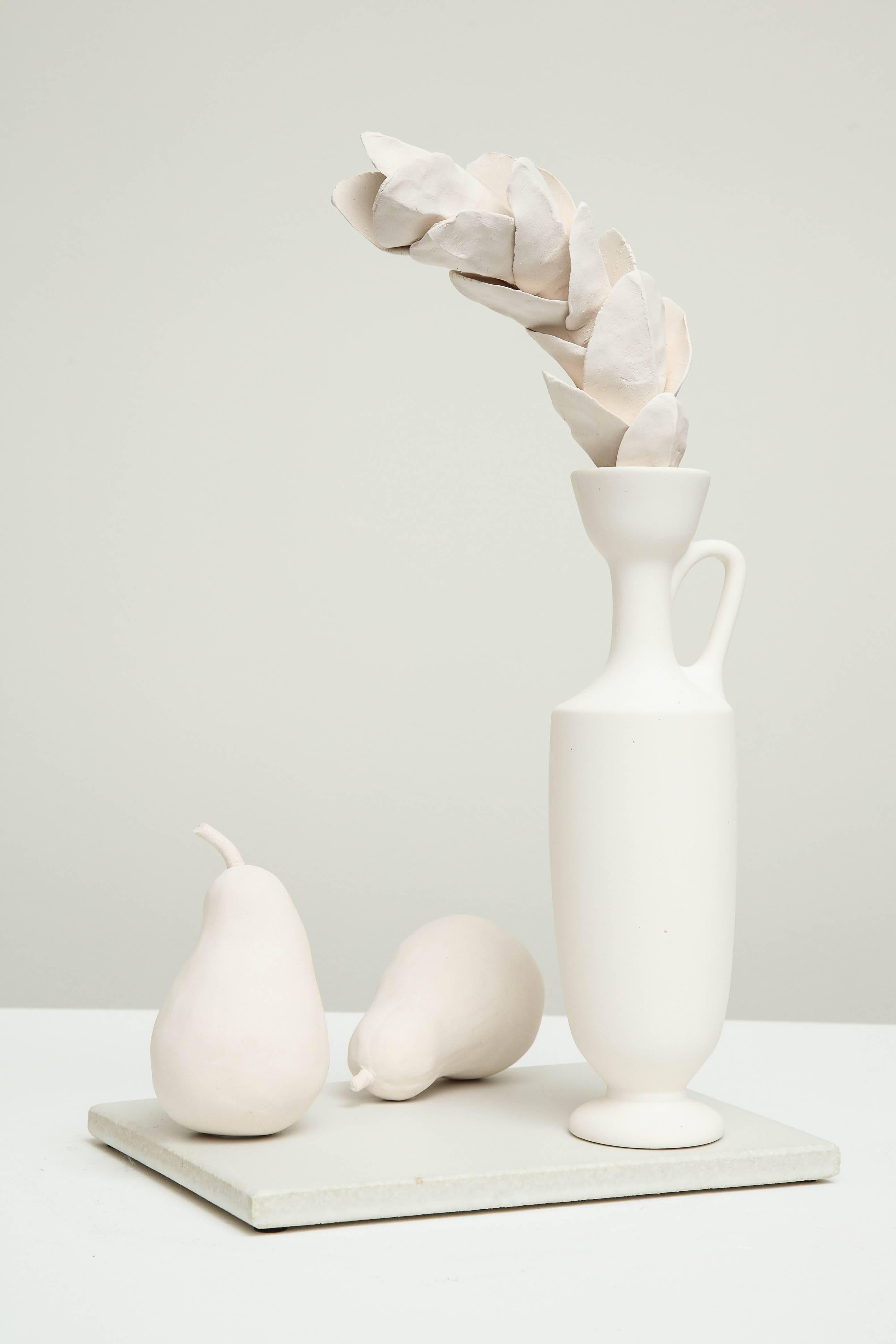 Contemporary Still Life in White with Lekythos, Branch, and Two Pears by Anat Shiftan, 2017