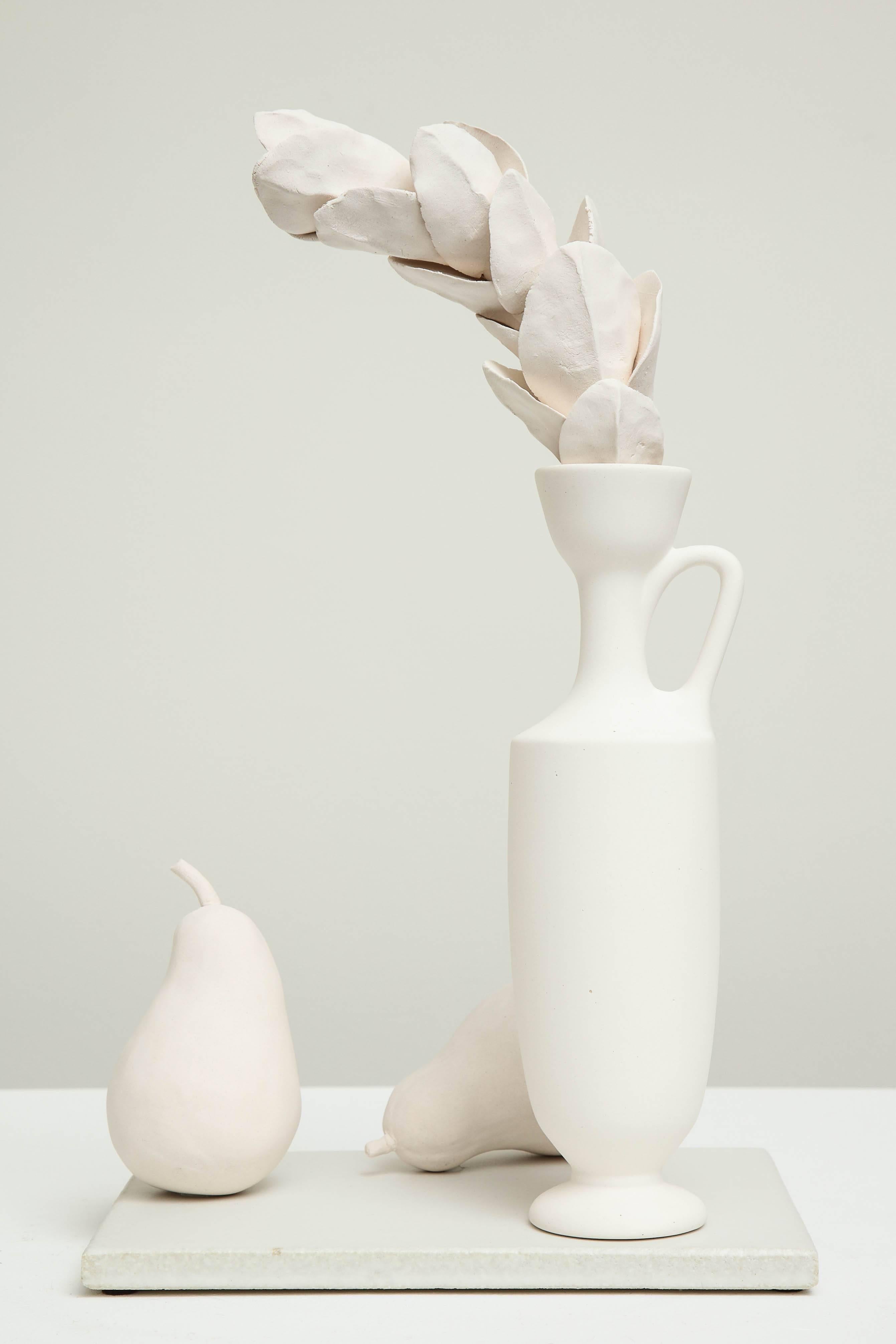 Porcelain Still Life in White with Lekythos, Branch, and Two Pears by Anat Shiftan, 2017