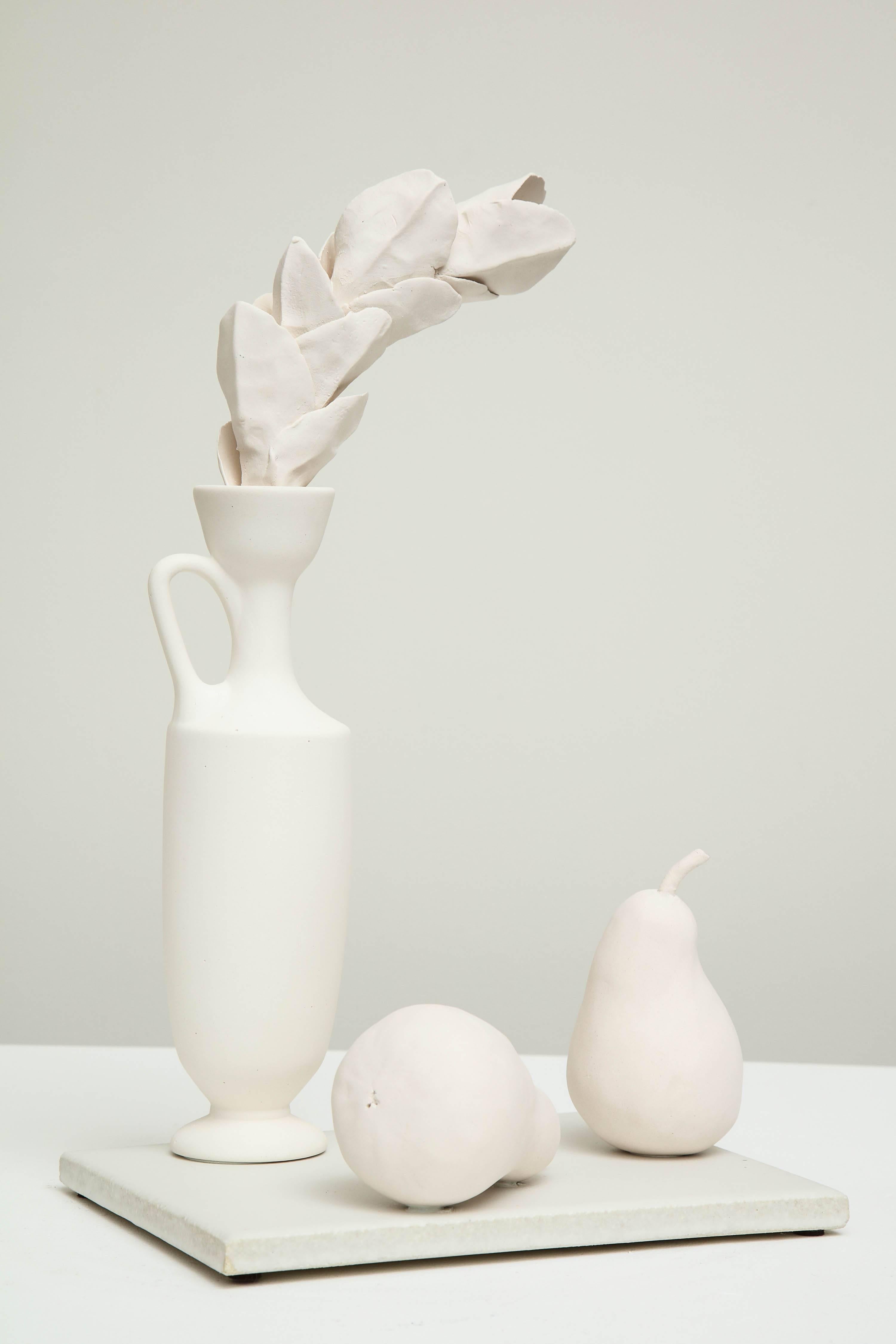 Still Life in White with Lekythos, Branch, and Two Pears by Anat Shiftan, 2017 1