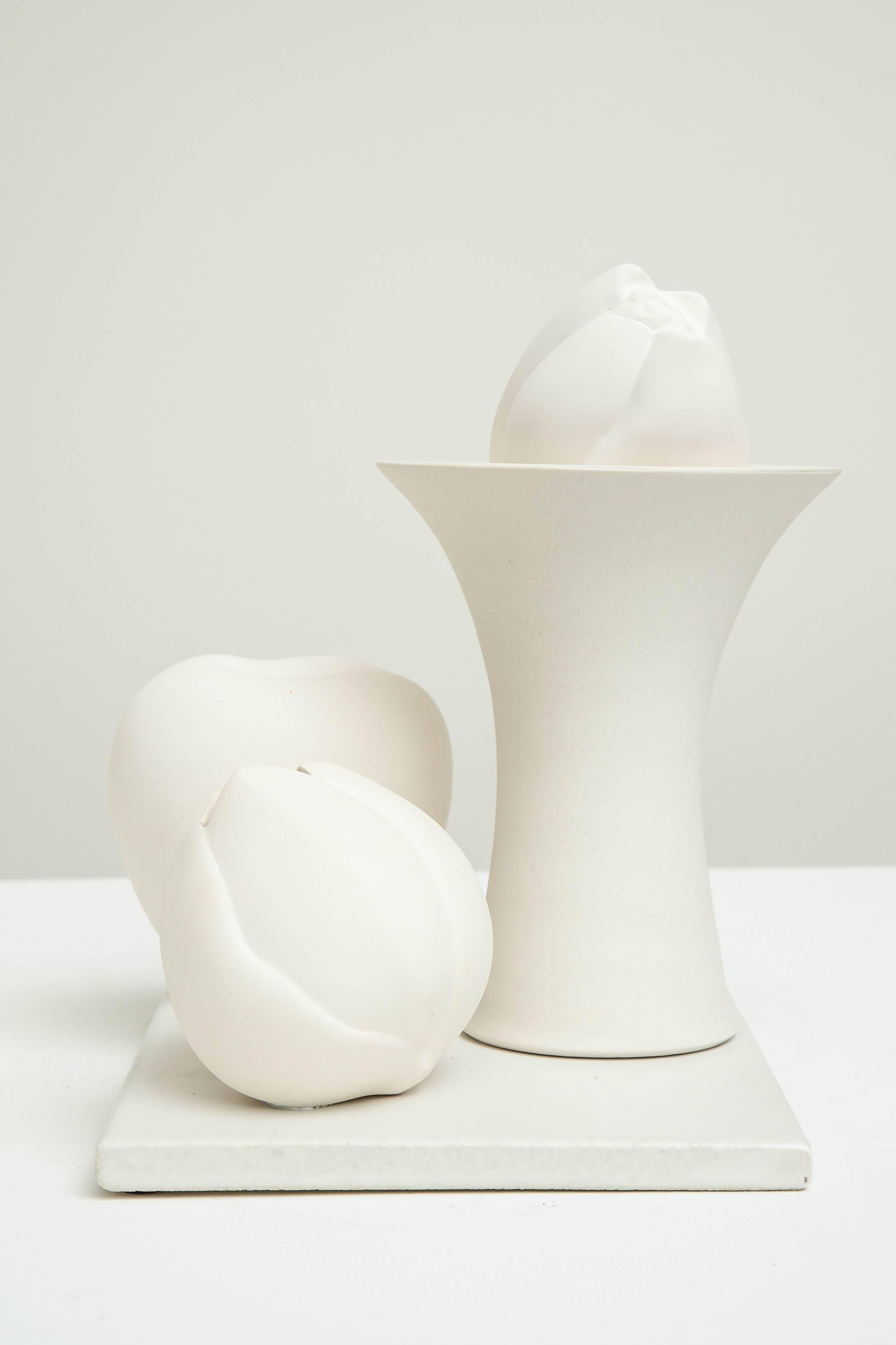 Fired Still Life in White with Apple, Bud, and Tall Footed Bowl by Anat Shiftan, 2017