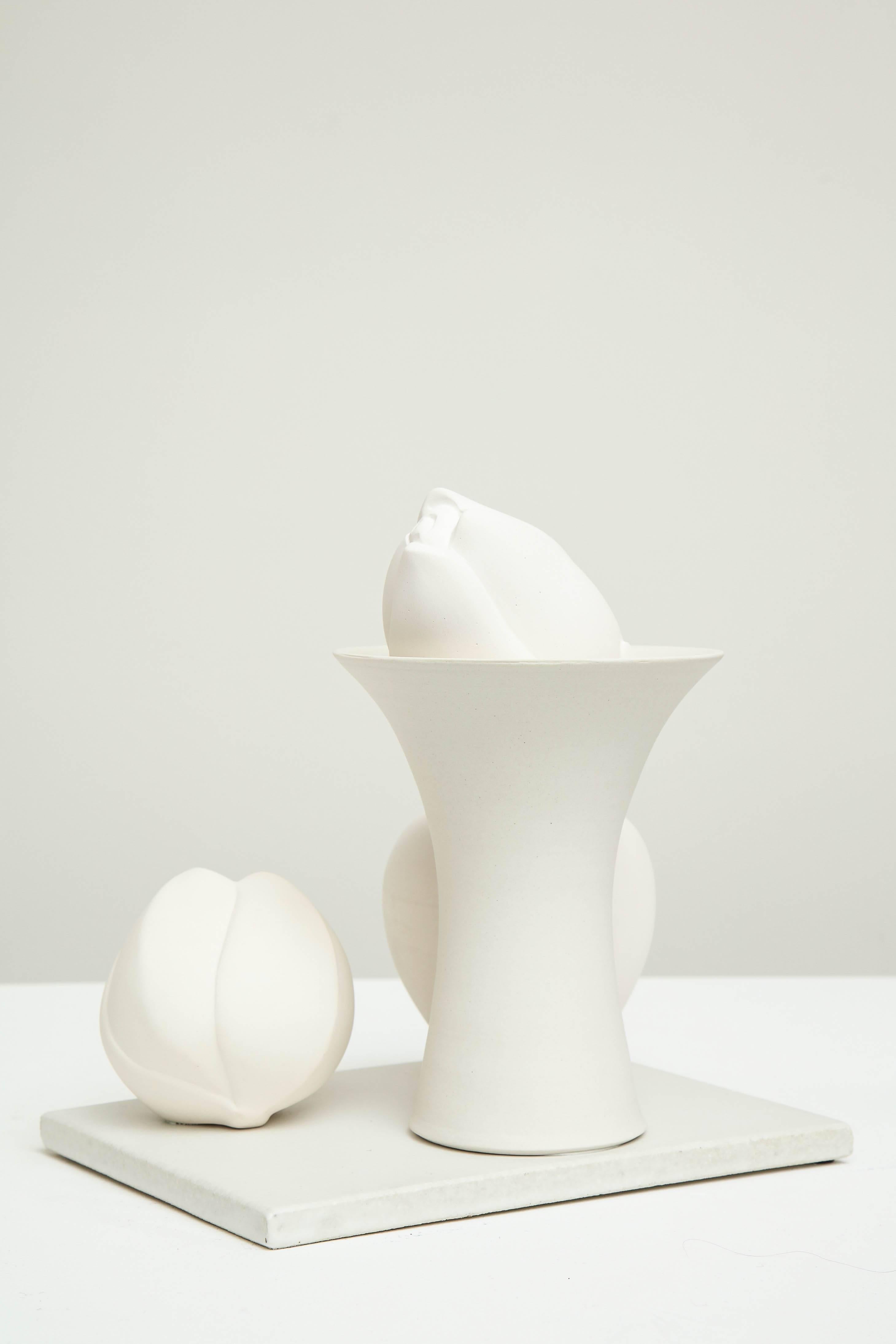 Still Life in White with Apple, Bud, and Tall Footed Bowl by Anat Shiftan, 2017 In Excellent Condition In New York, NY