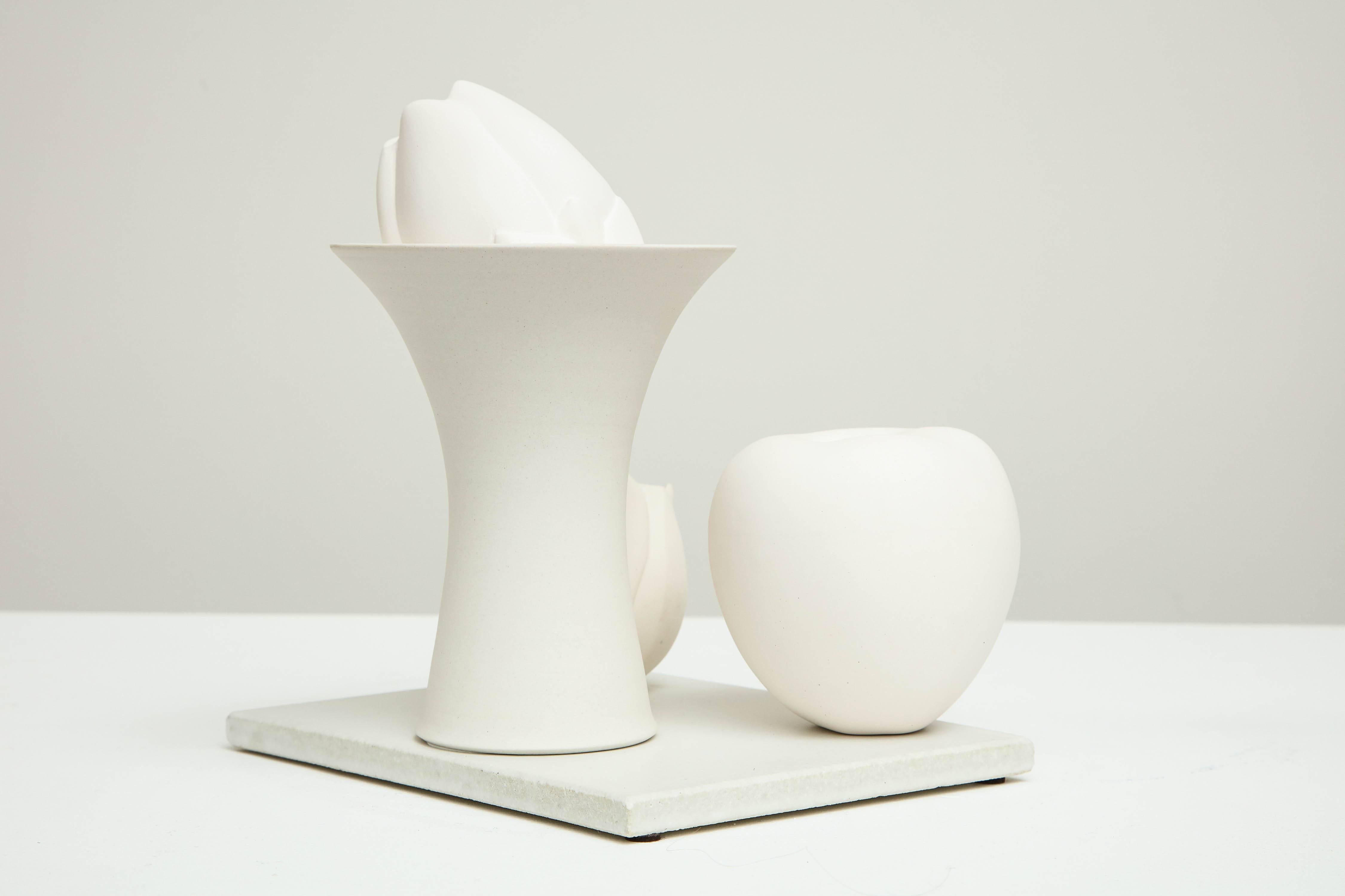 Porcelain Still Life in White with Apple, Bud, and Tall Footed Bowl by Anat Shiftan, 2017