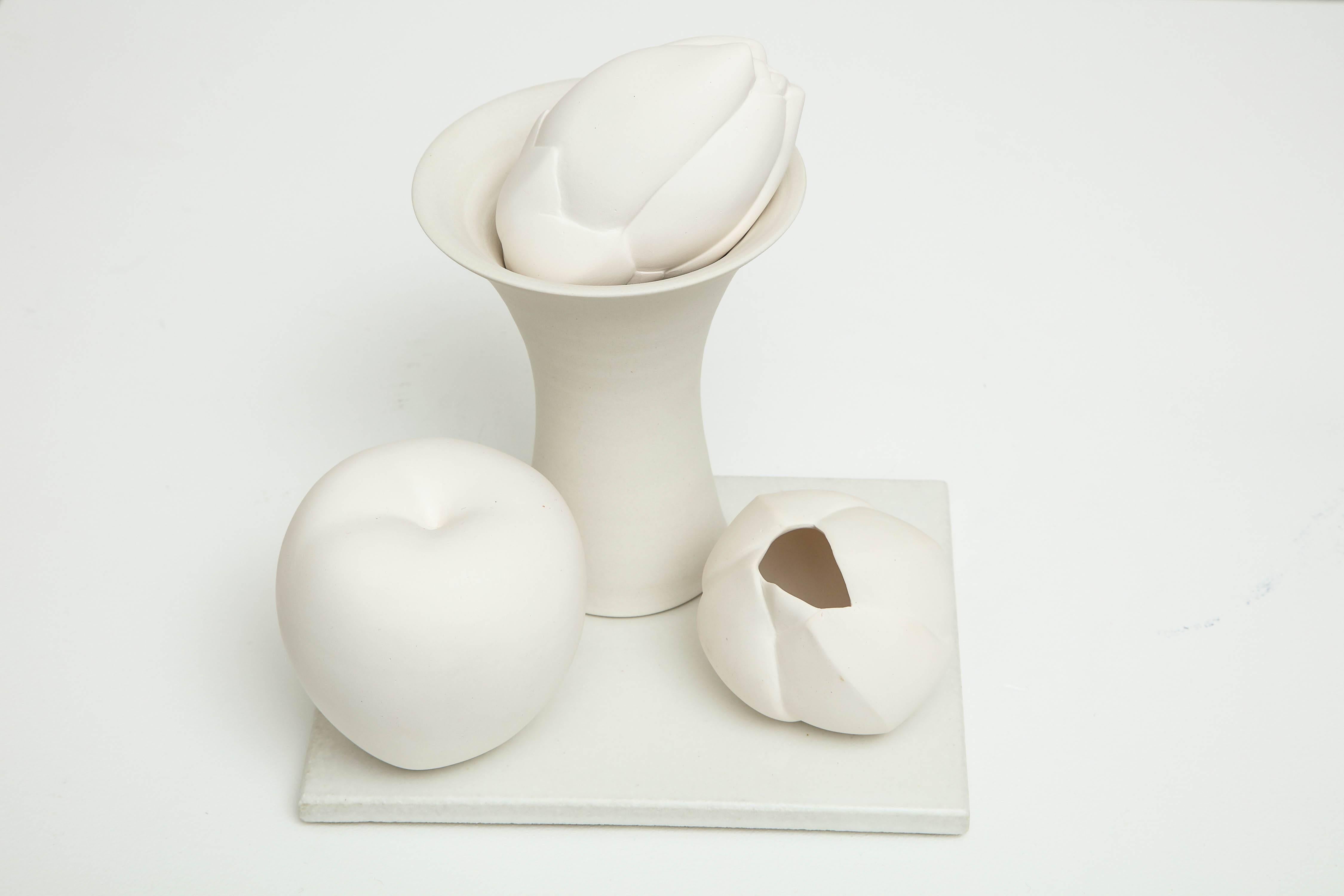 Still Life in White with Apple, Bud, and Tall Footed Bowl by Anat Shiftan, 2017 3