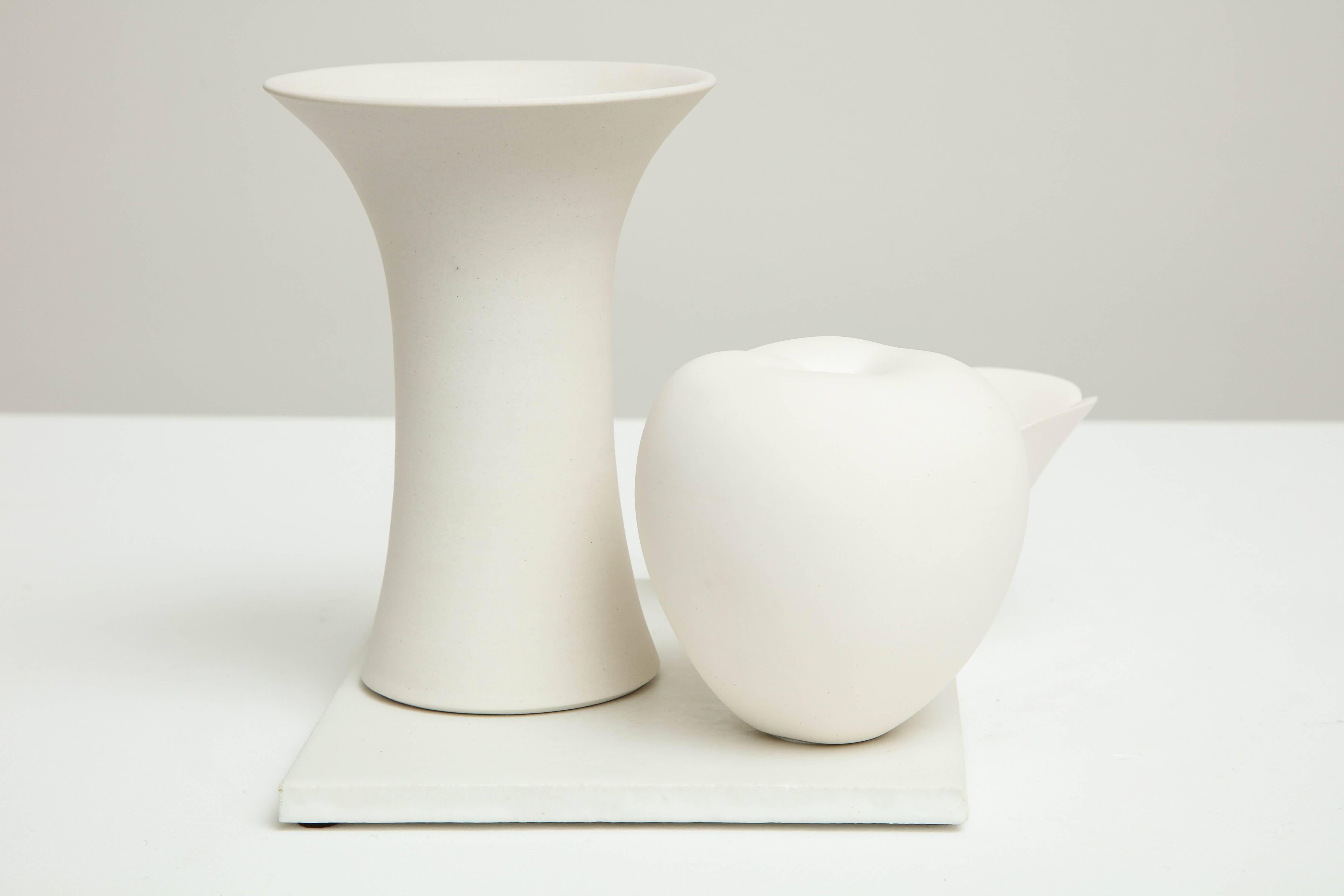 Porcelain Still Life in White with Apple, Floral Bowl and Tall Footed Bowl, 2017