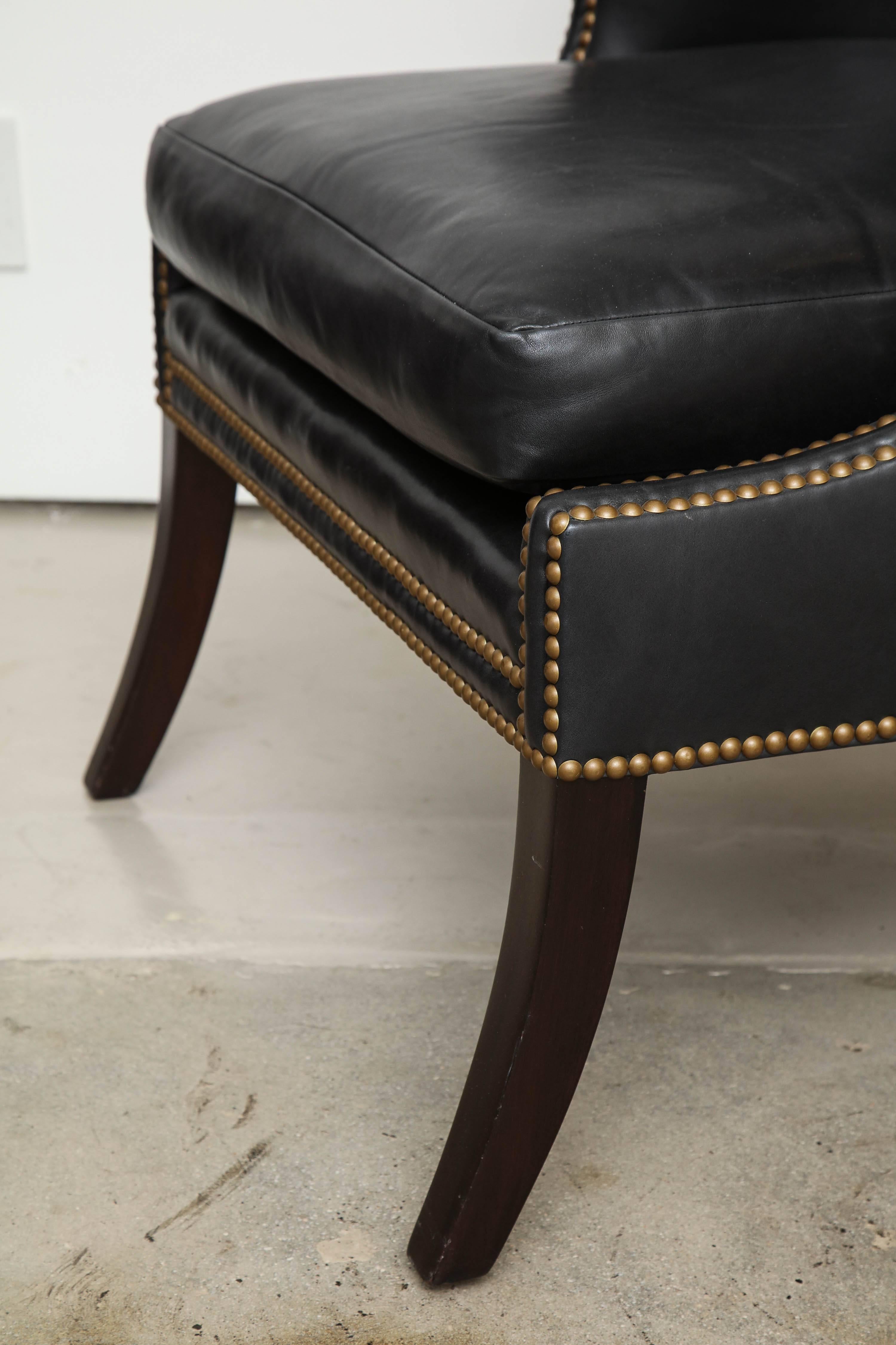 High Back Leather Chair with Mahogany, circa 1980 In Excellent Condition In New York, NY
