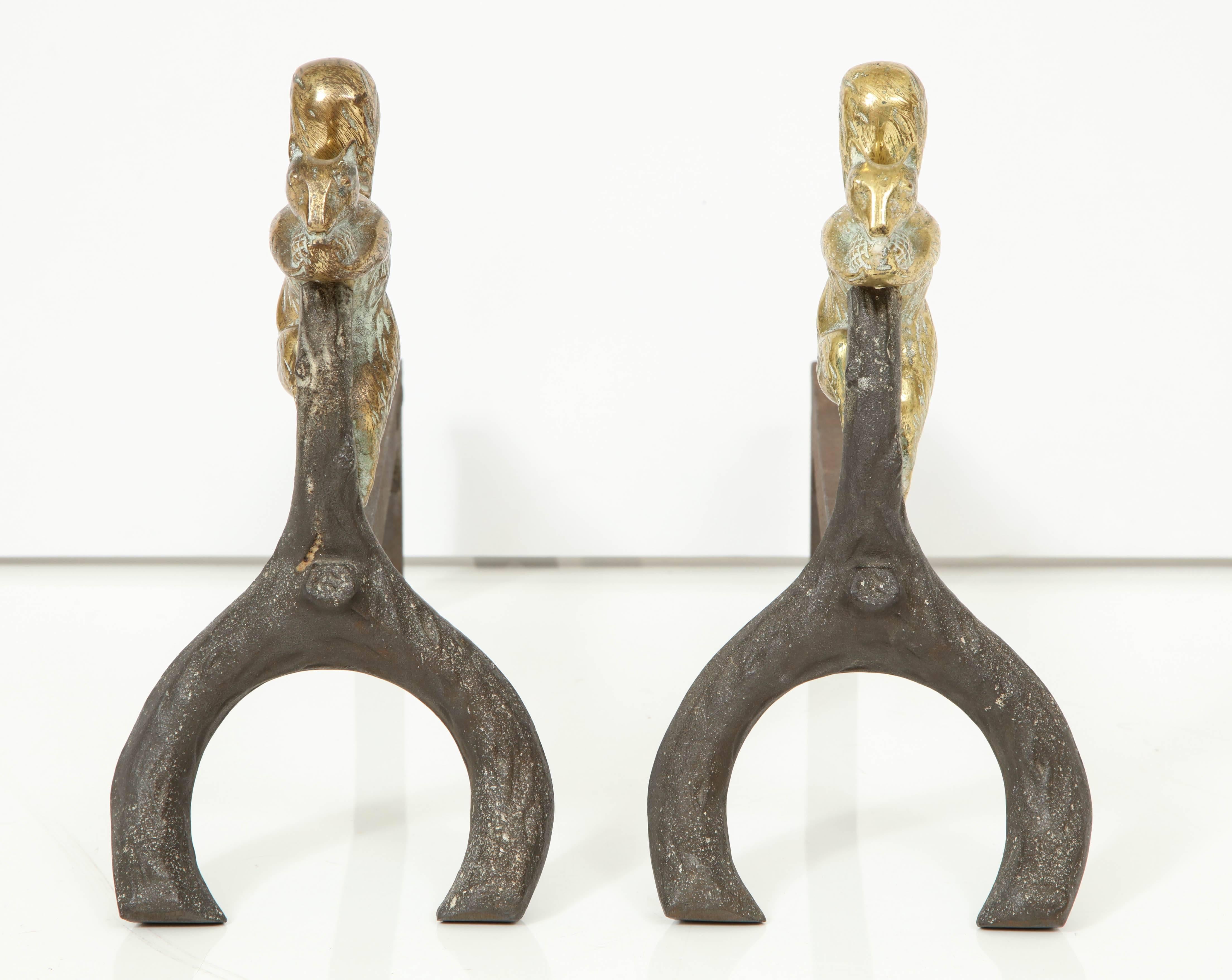 French Pair of Bronze and Iron Squirrel Andirons