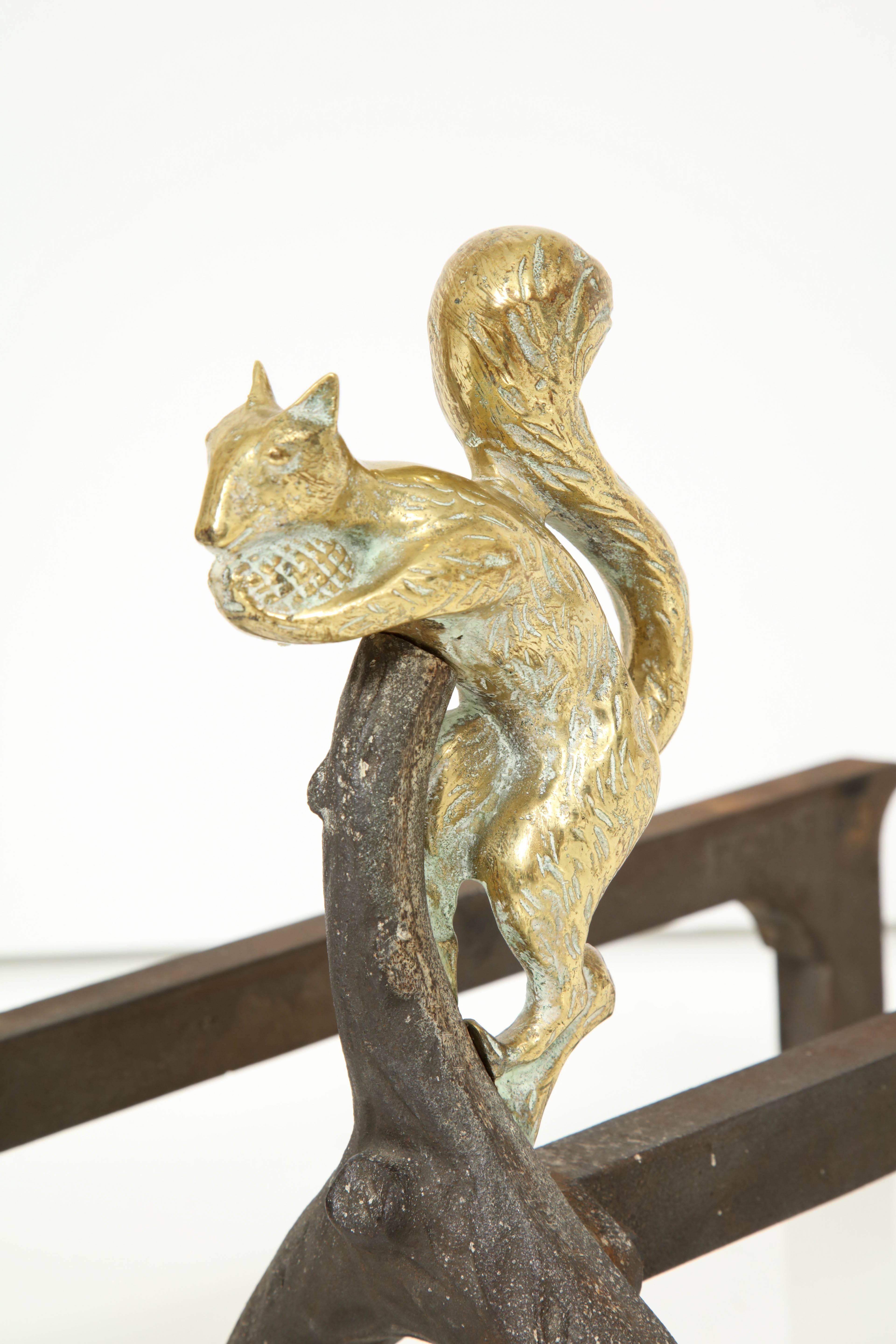Mid-20th Century Pair of Bronze and Iron Squirrel Andirons