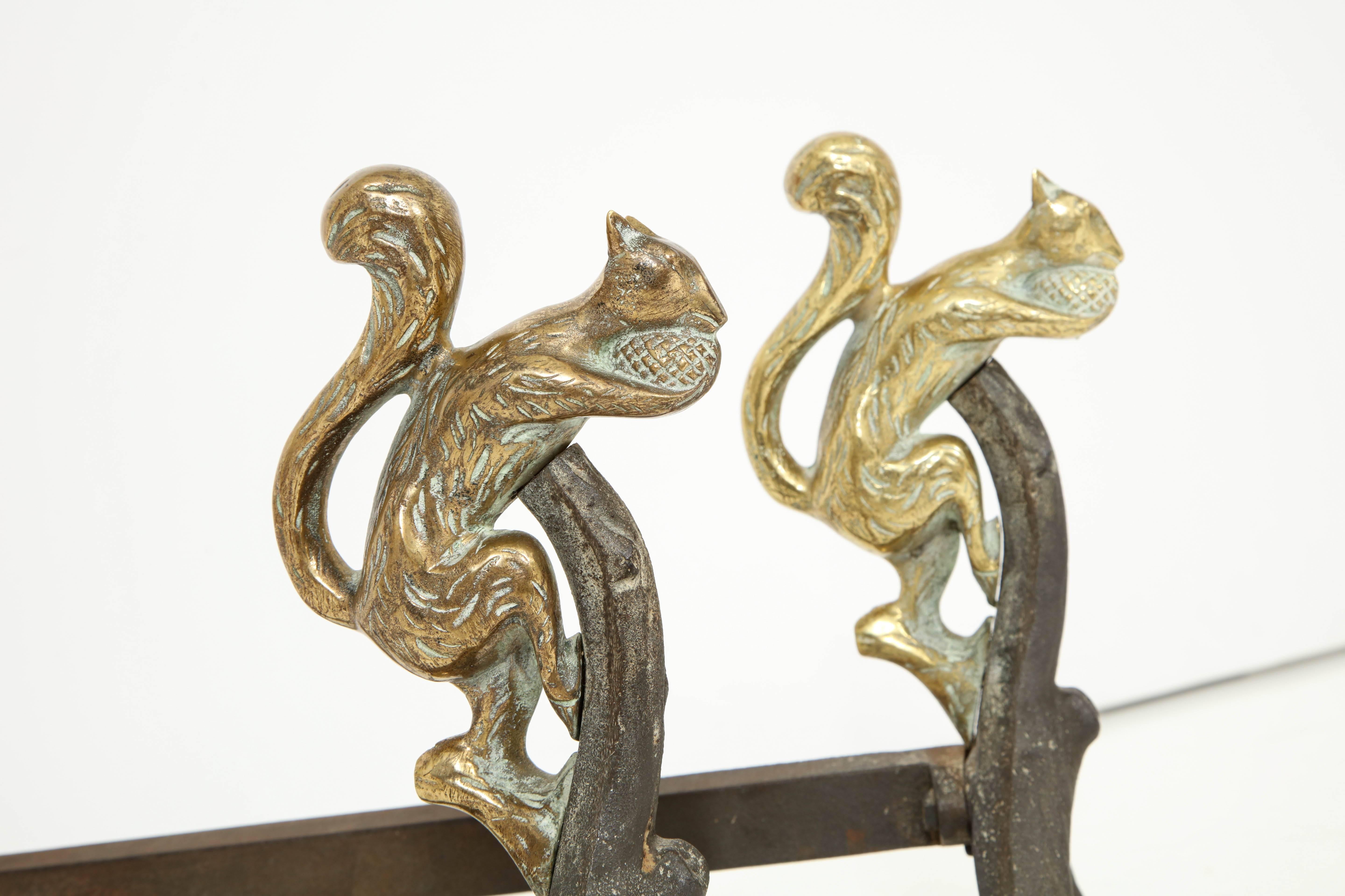 Pair of Bronze and Iron Squirrel Andirons 1