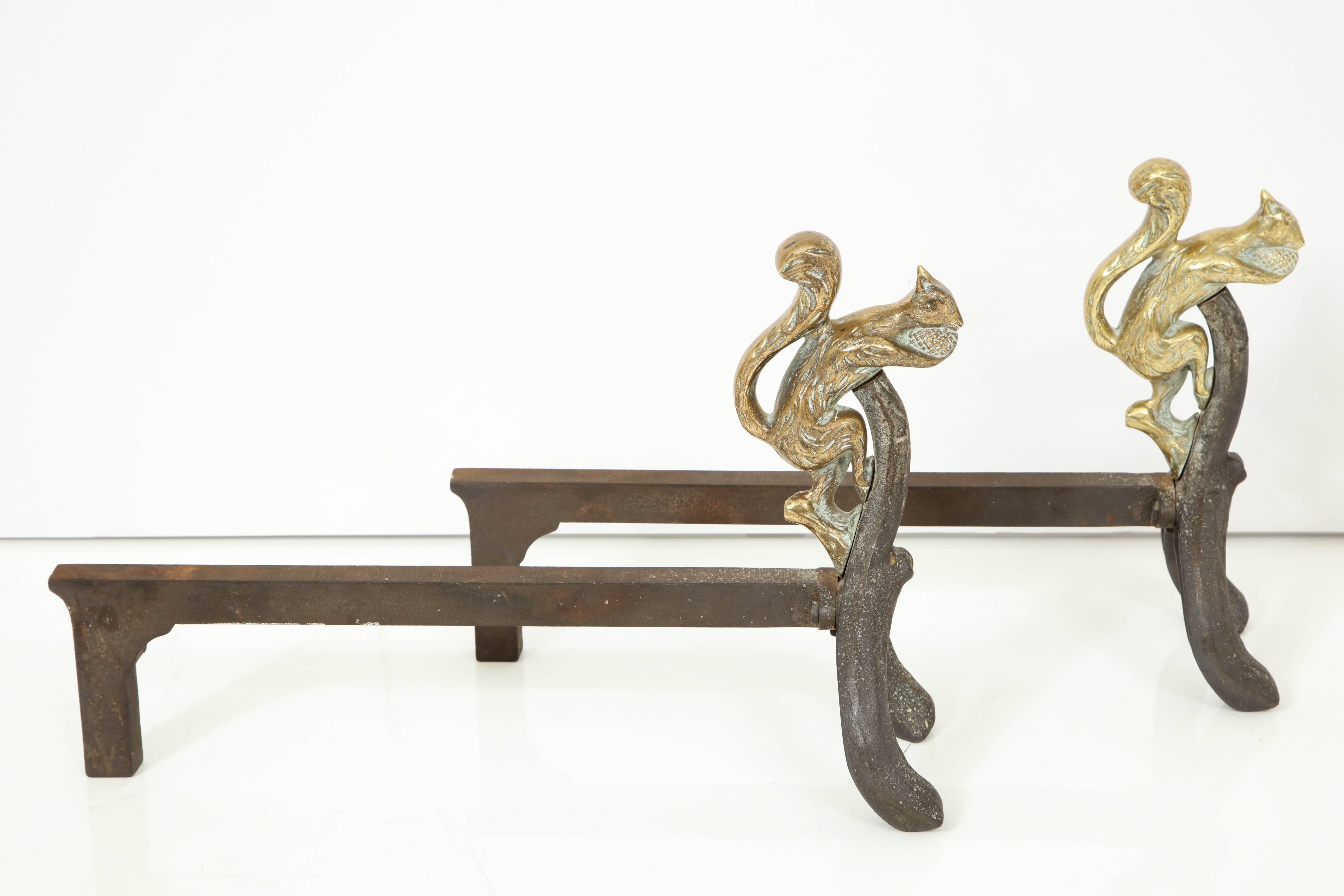 Pair of Bronze and Iron Squirrel Andirons 2