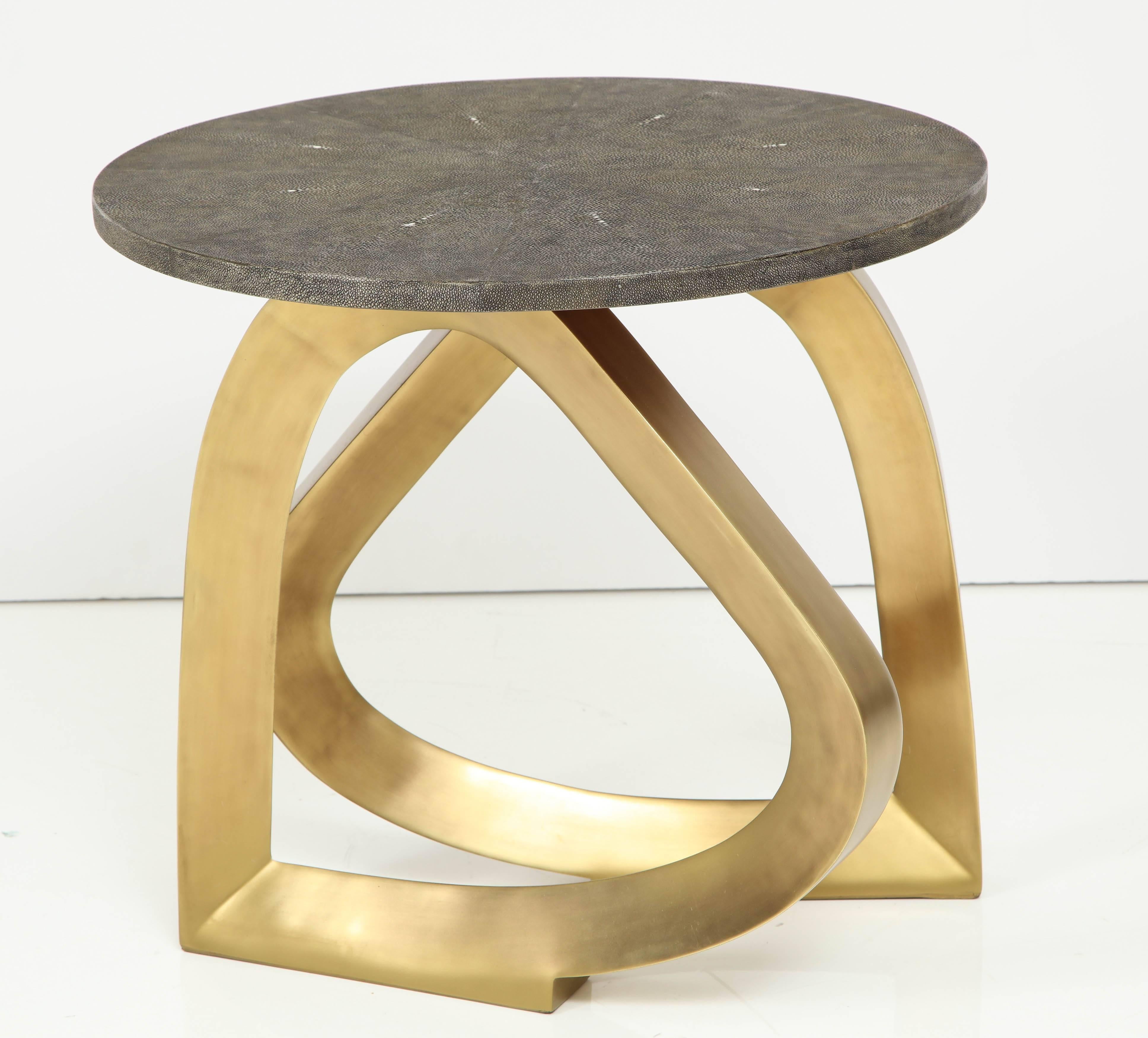 Decorative shagreen and brass side table. The two brass legs look like the shape of a heart. Designed in France. The table also comes in cream shagreen. Production time is 15-16 weeks plus delivery.
