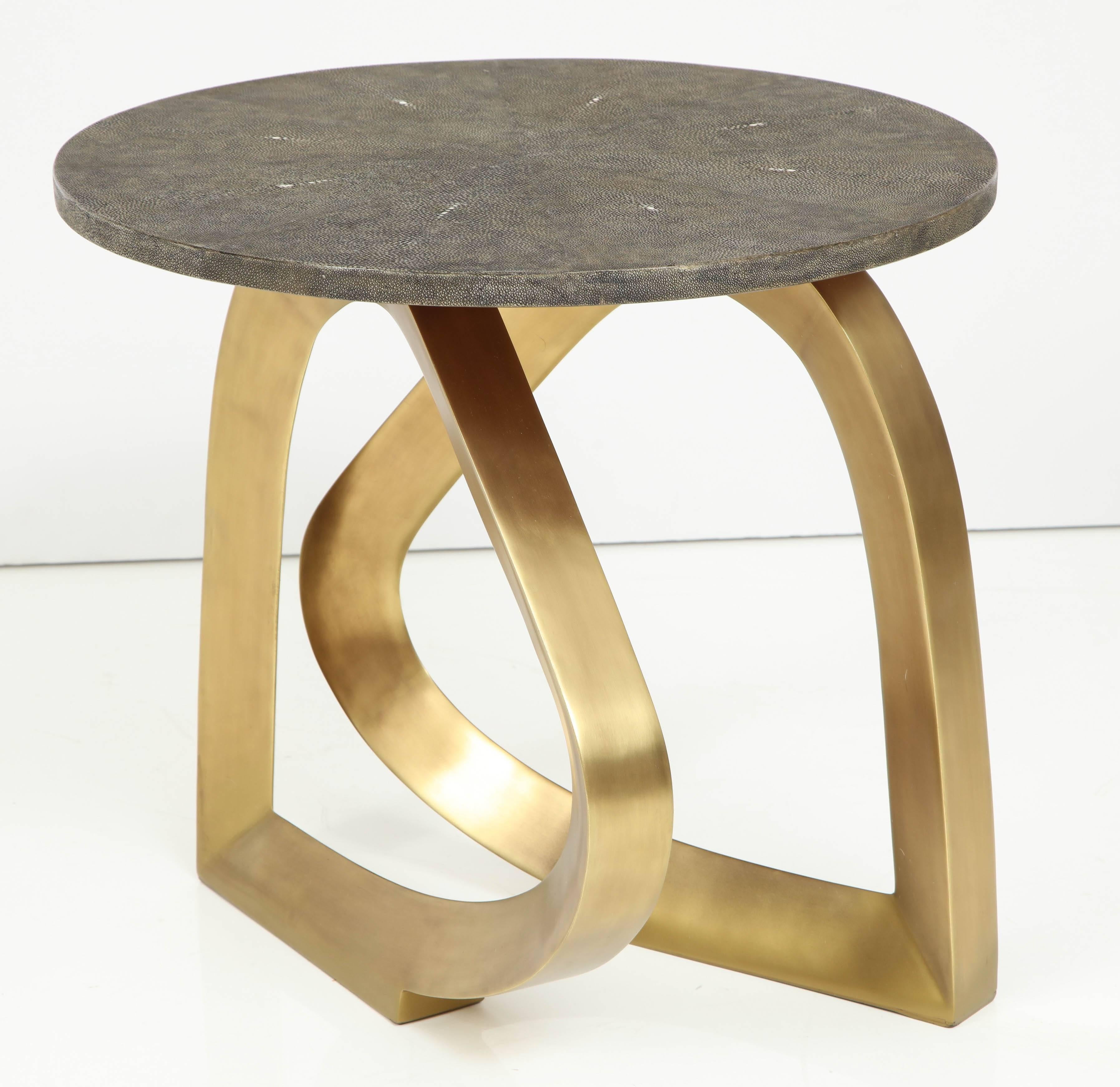 Modern Shagreen Side Table, Shagreen Top with Brass Base, Contemporary, Khaki Color For Sale