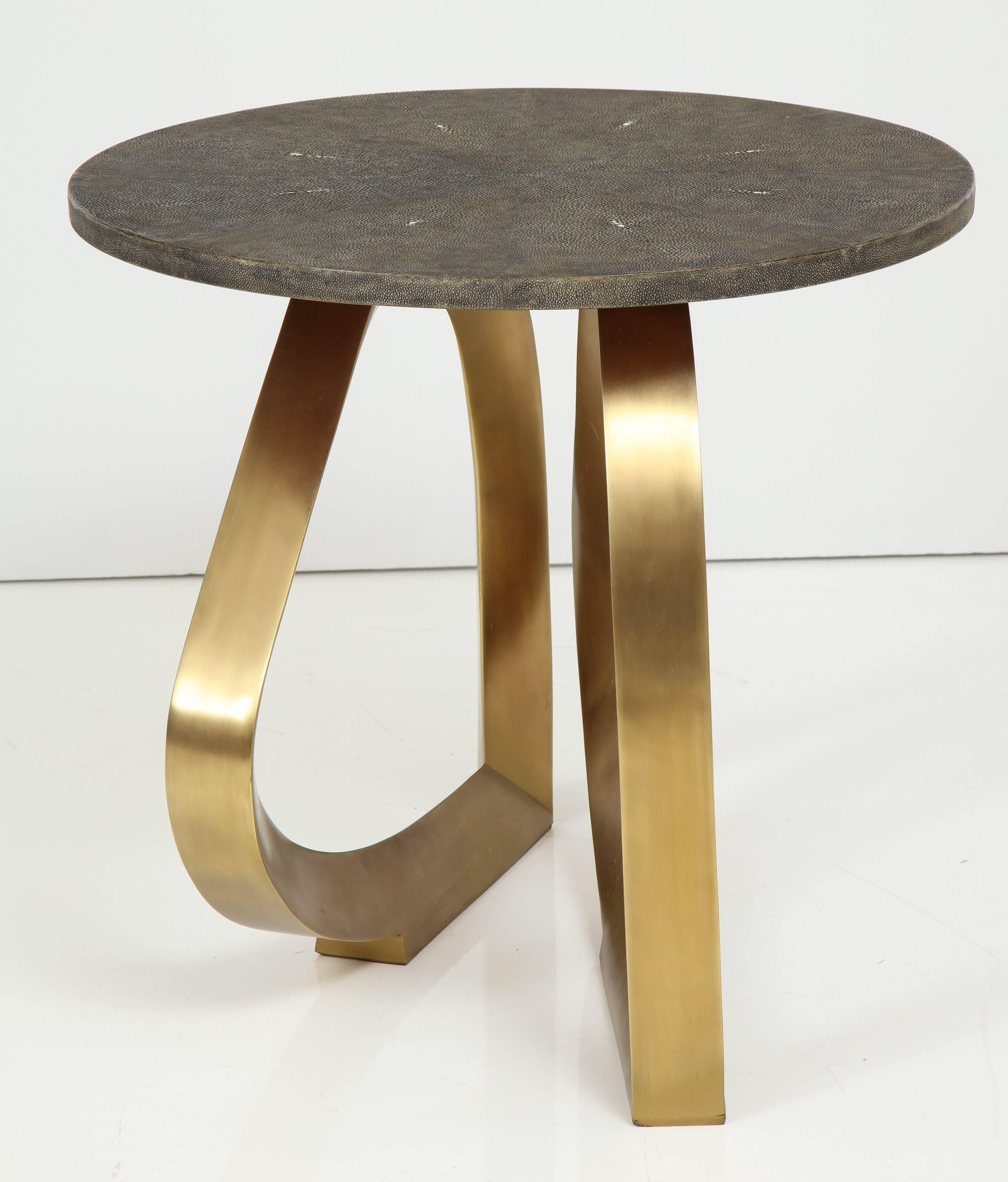 Shagreen Side Table, Shagreen Top with Brass Base, Contemporary, Khaki Color In New Condition For Sale In New York, NY