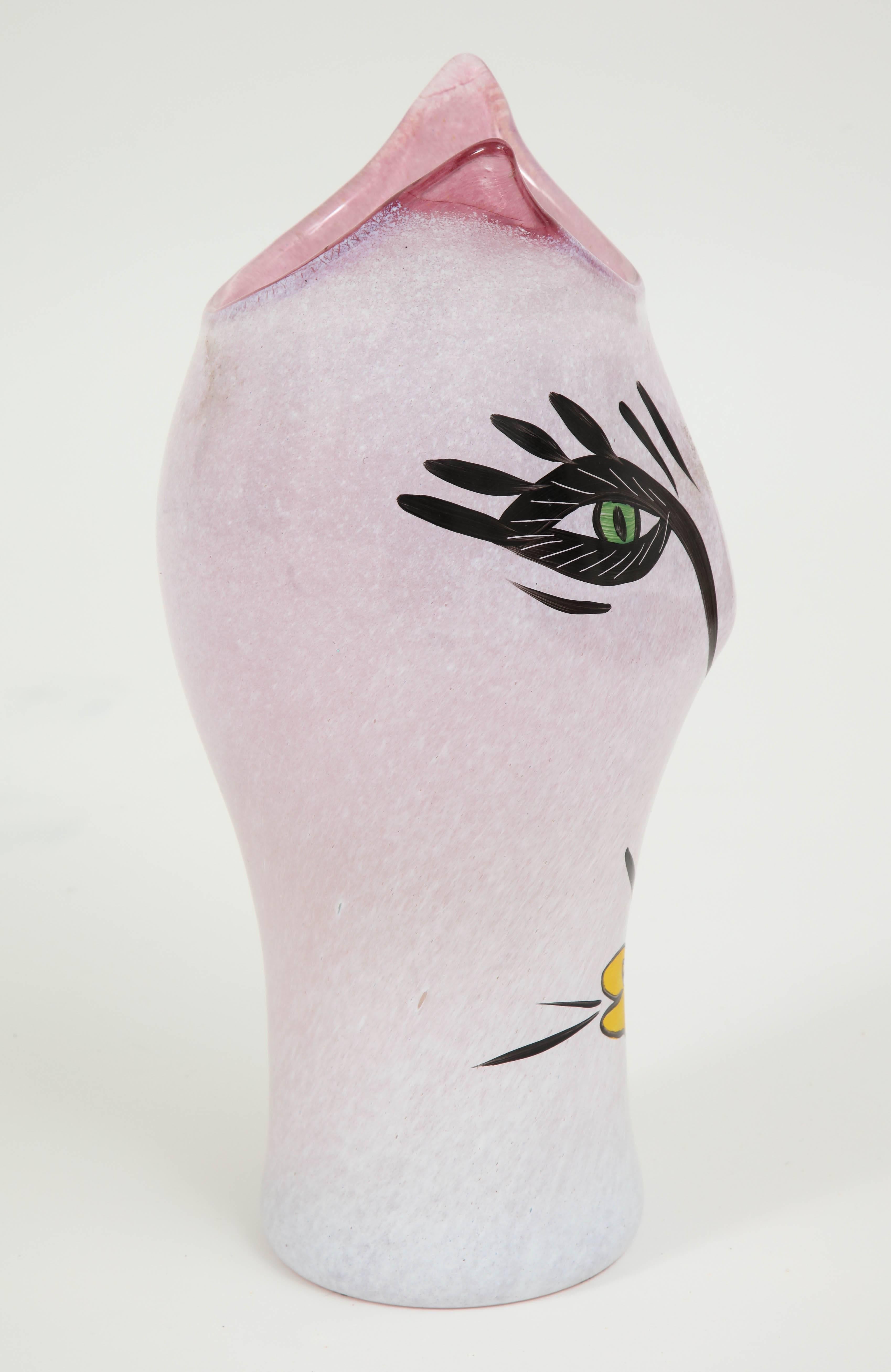 Hand-Painted Vase by Kosta Boda, Sweden, Glass, C 1990, Pink, Black and Yellow Colors For Sale