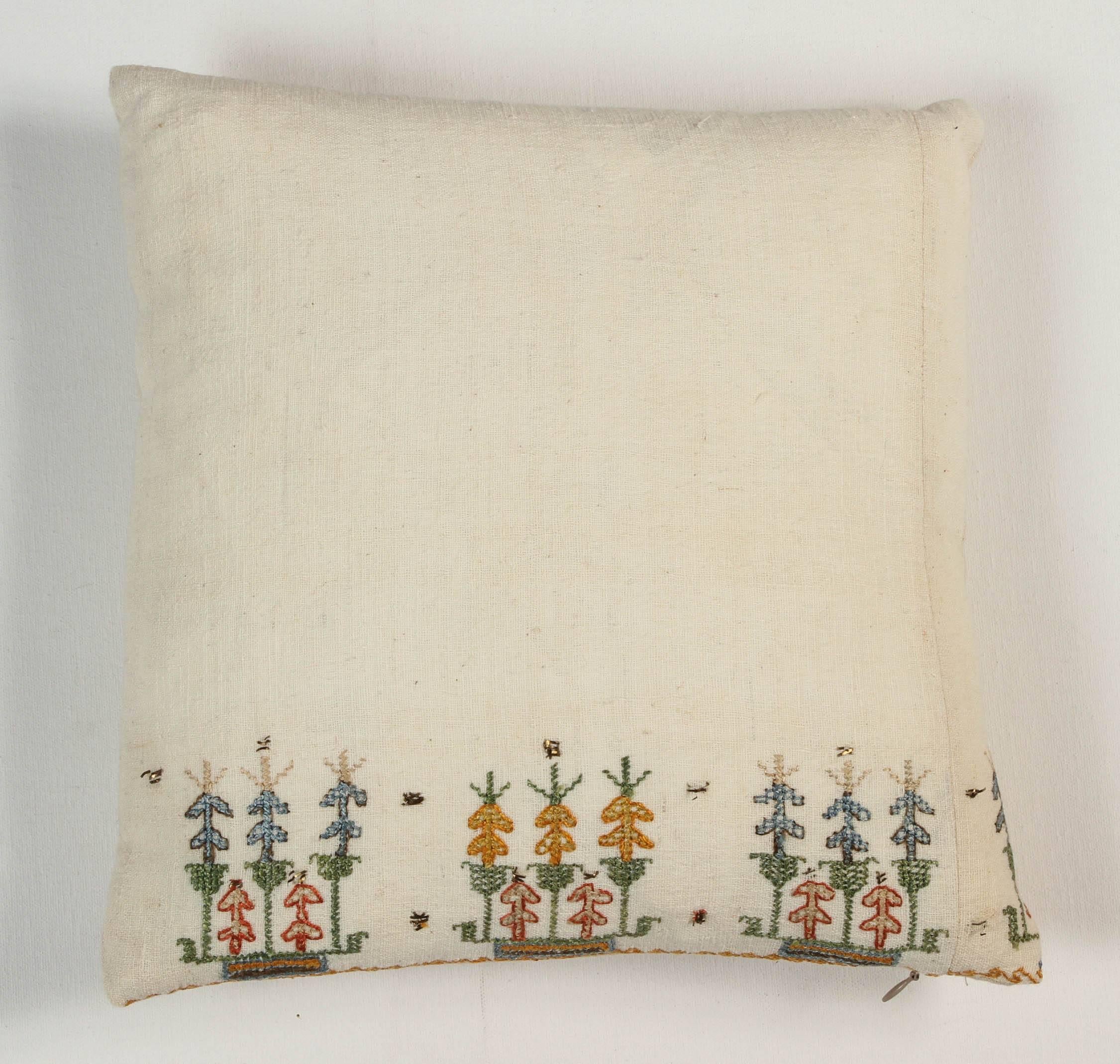 Pat McGann Workshop
Antique Turkish embroidered, handwoven linen textile pillow. Fine cotton floss embroidery. Off-white linen back with zipper and feather and down fill.