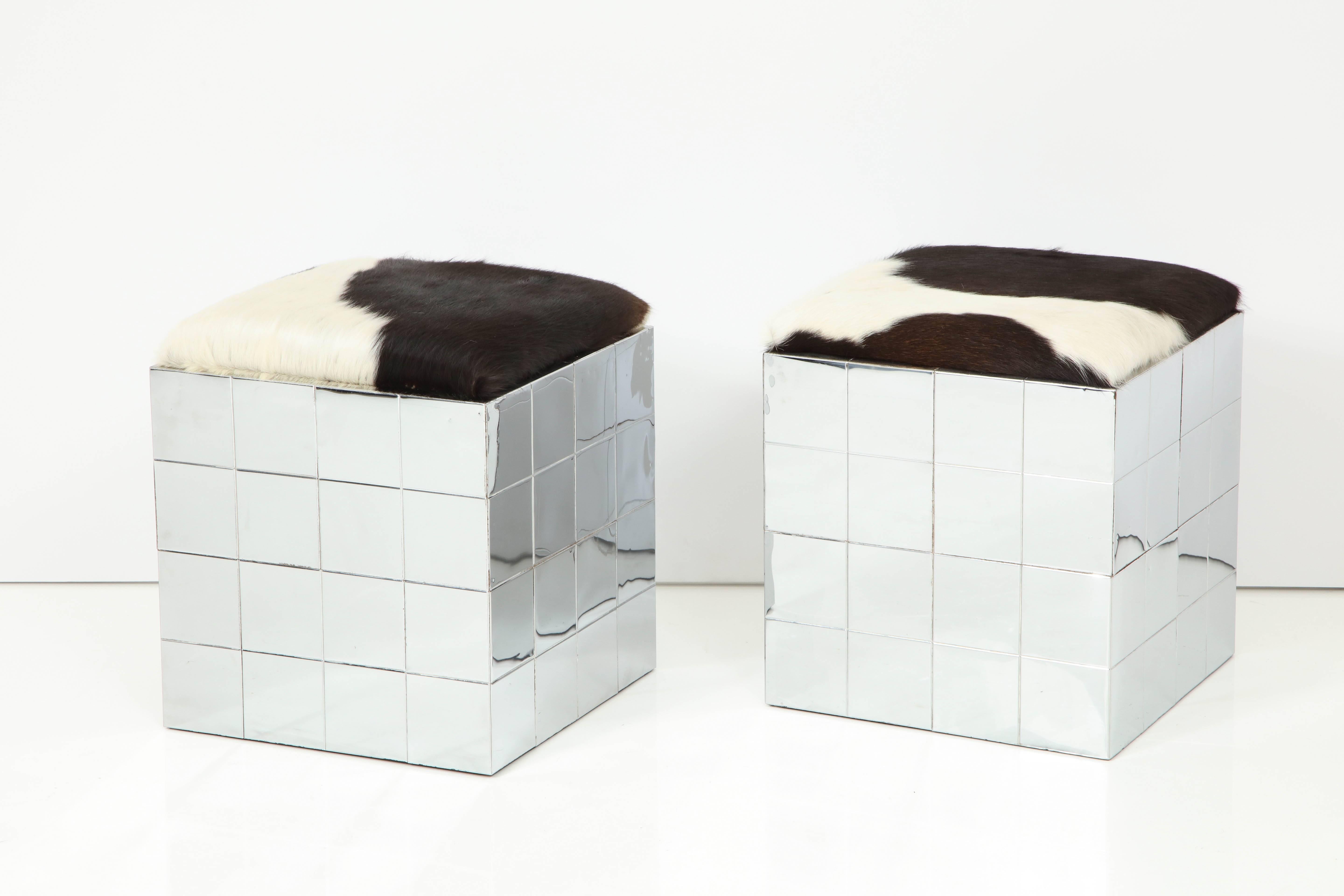 American Pair of Cowhide Ottomans in the Style of Paul Evans