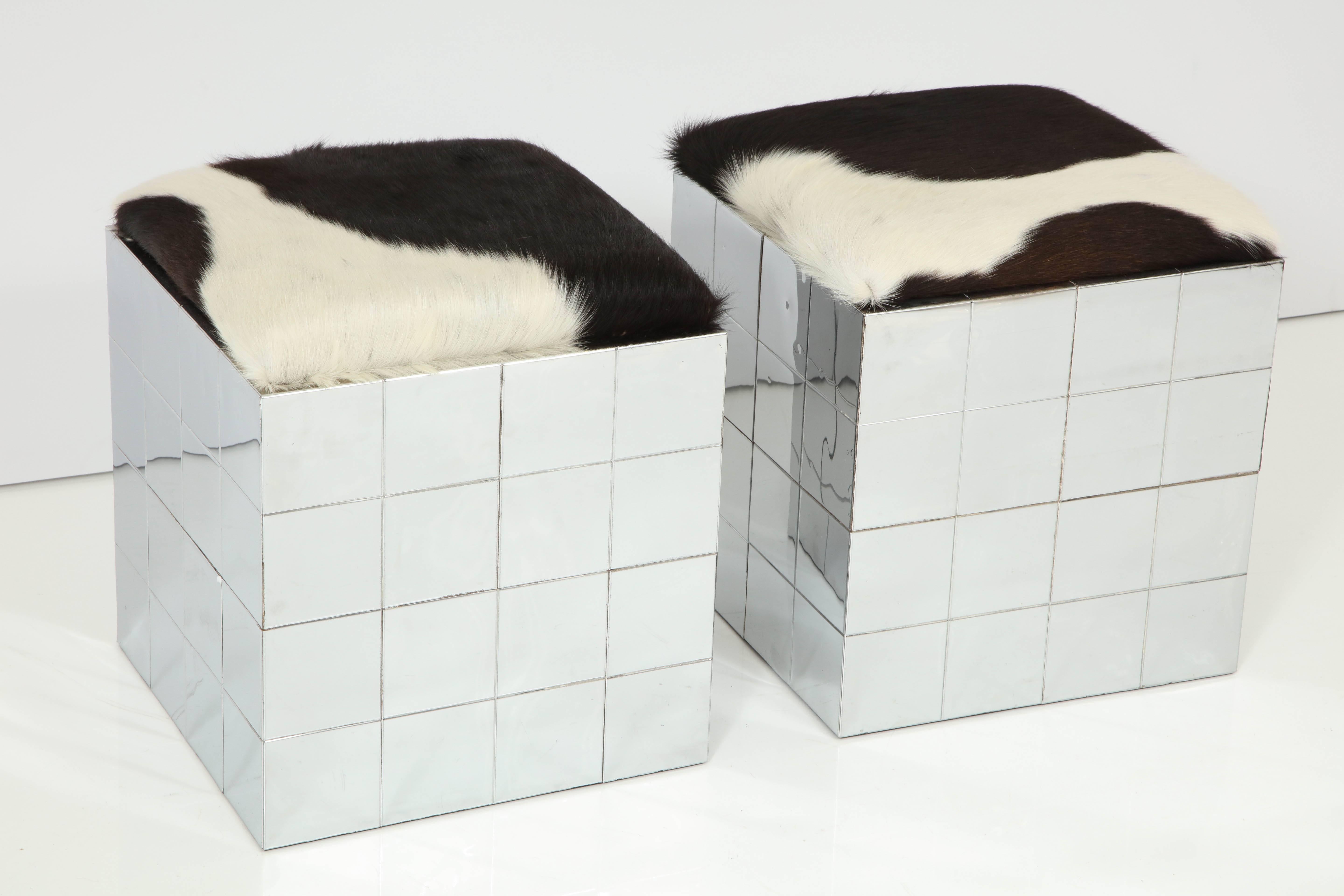 Pair of Cowhide Ottomans in the Style of Paul Evans 3