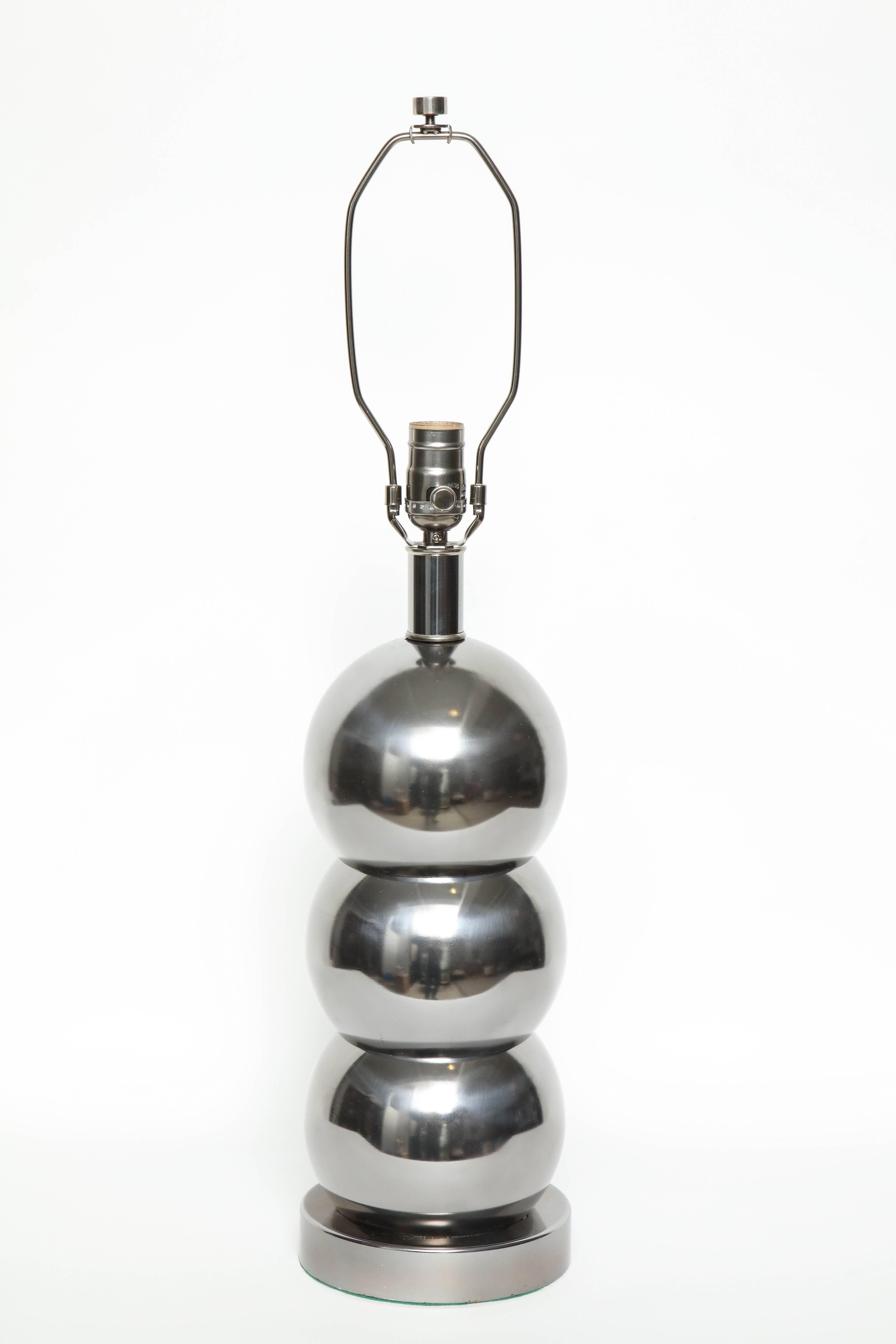 Pair of chic 1970s stacked steel ball lamps in a custom gunmetal finish. Rewired for use in the USA. Shades not included.
