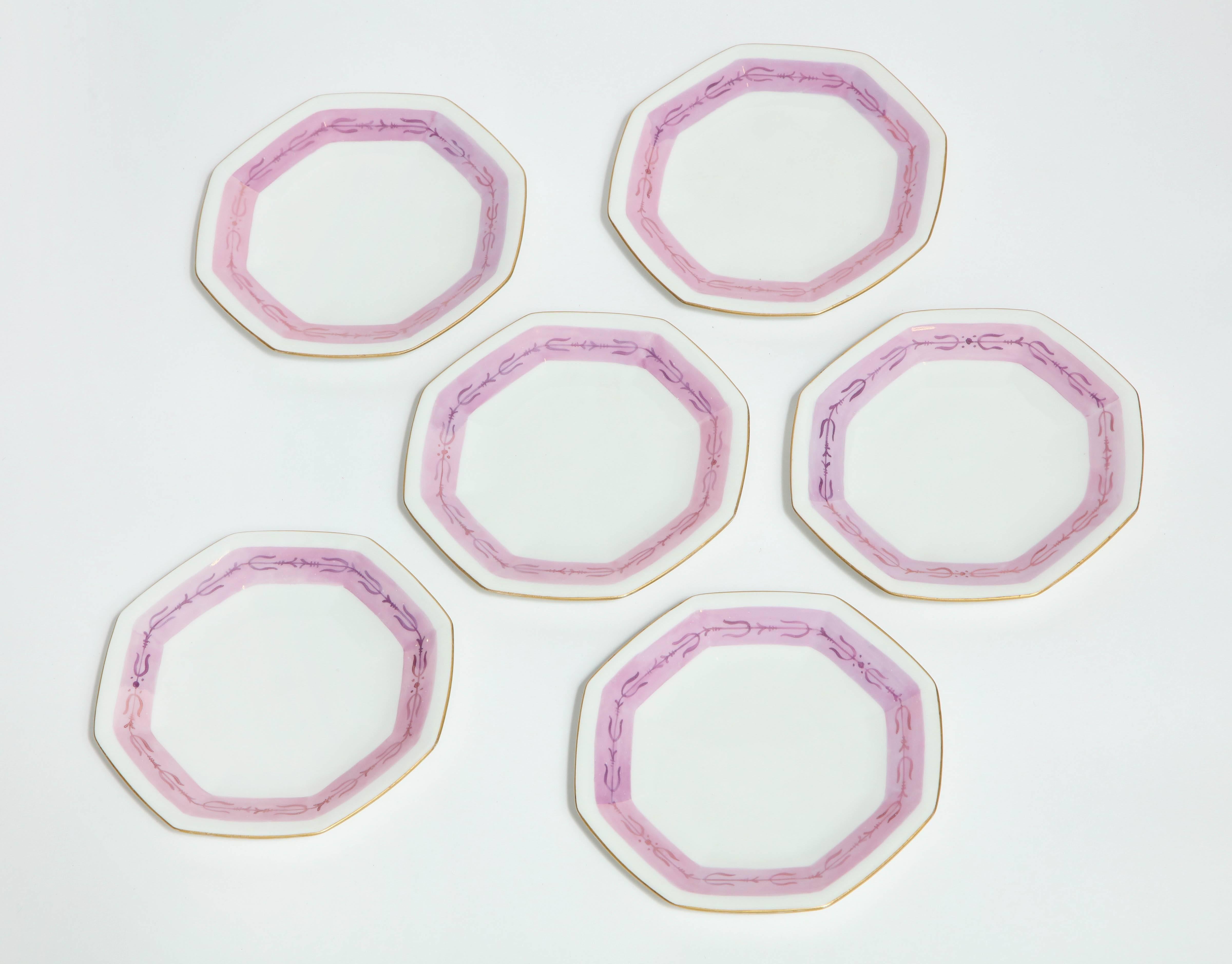 Six Pompadour Pink Banded Limoges Plates In Excellent Condition In New York, NY