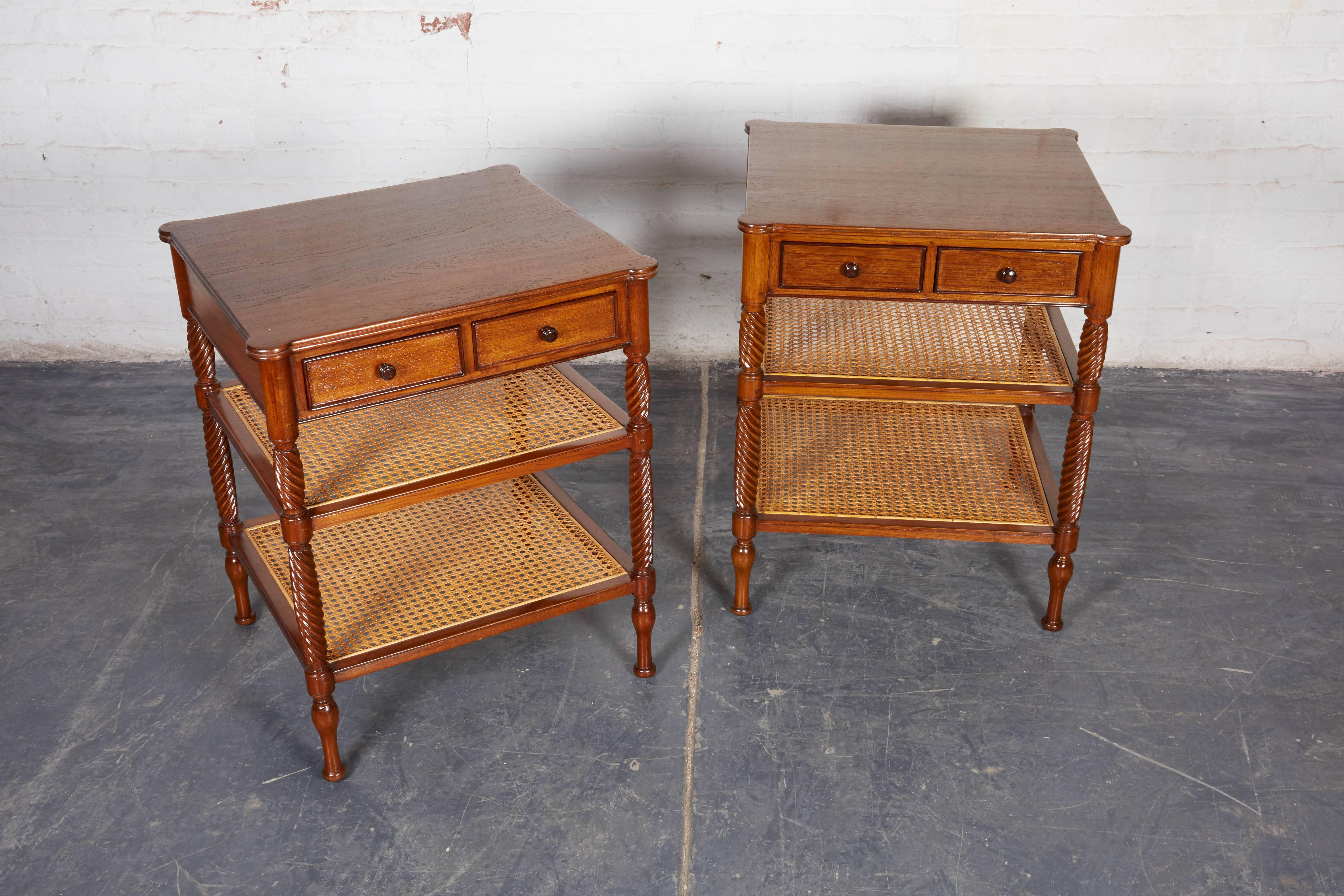 British Colonial Pair of Teak and Caned Etagere Side Tables