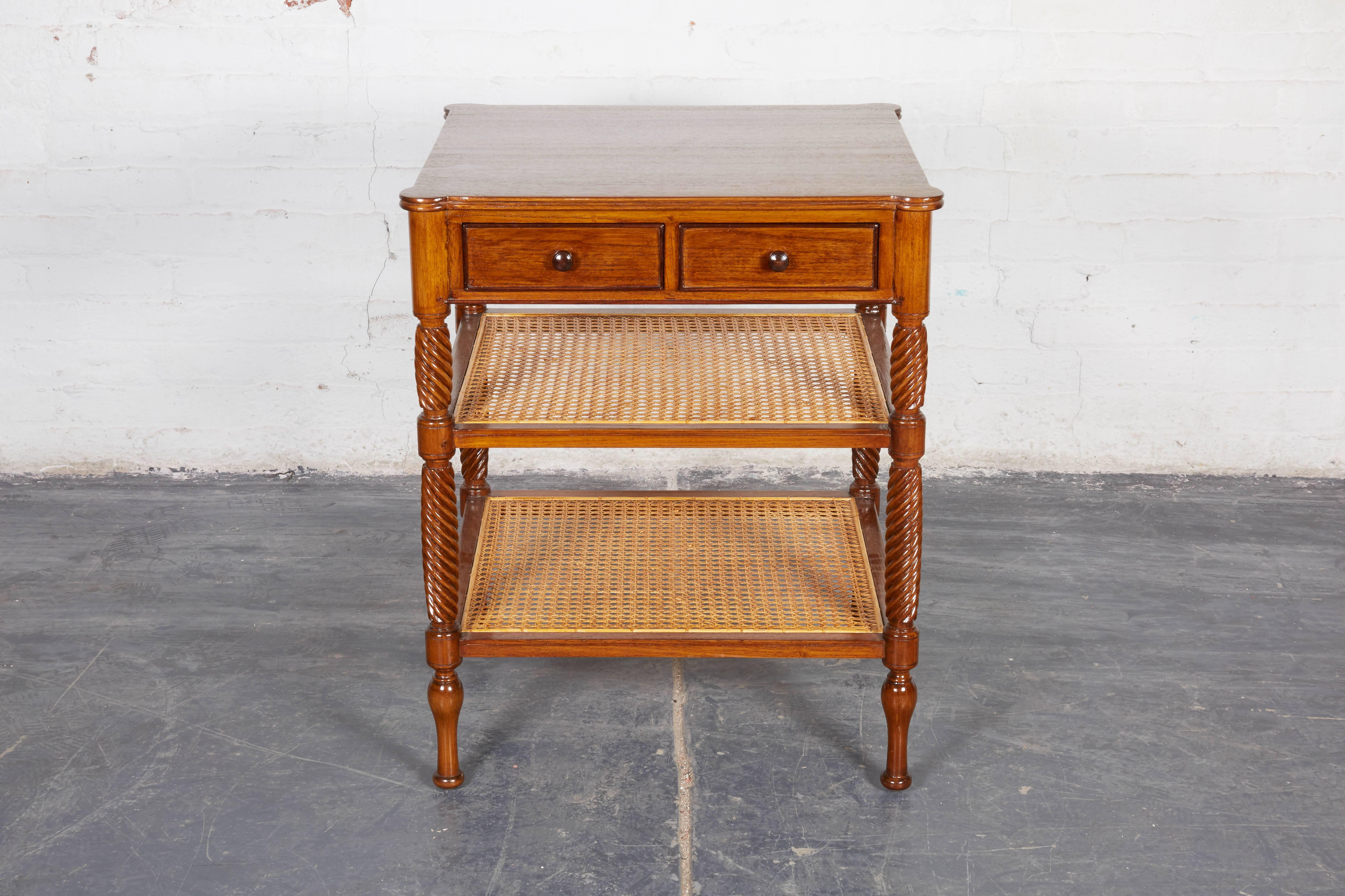 American Pair of Teak and Caned Etagere Side Tables
