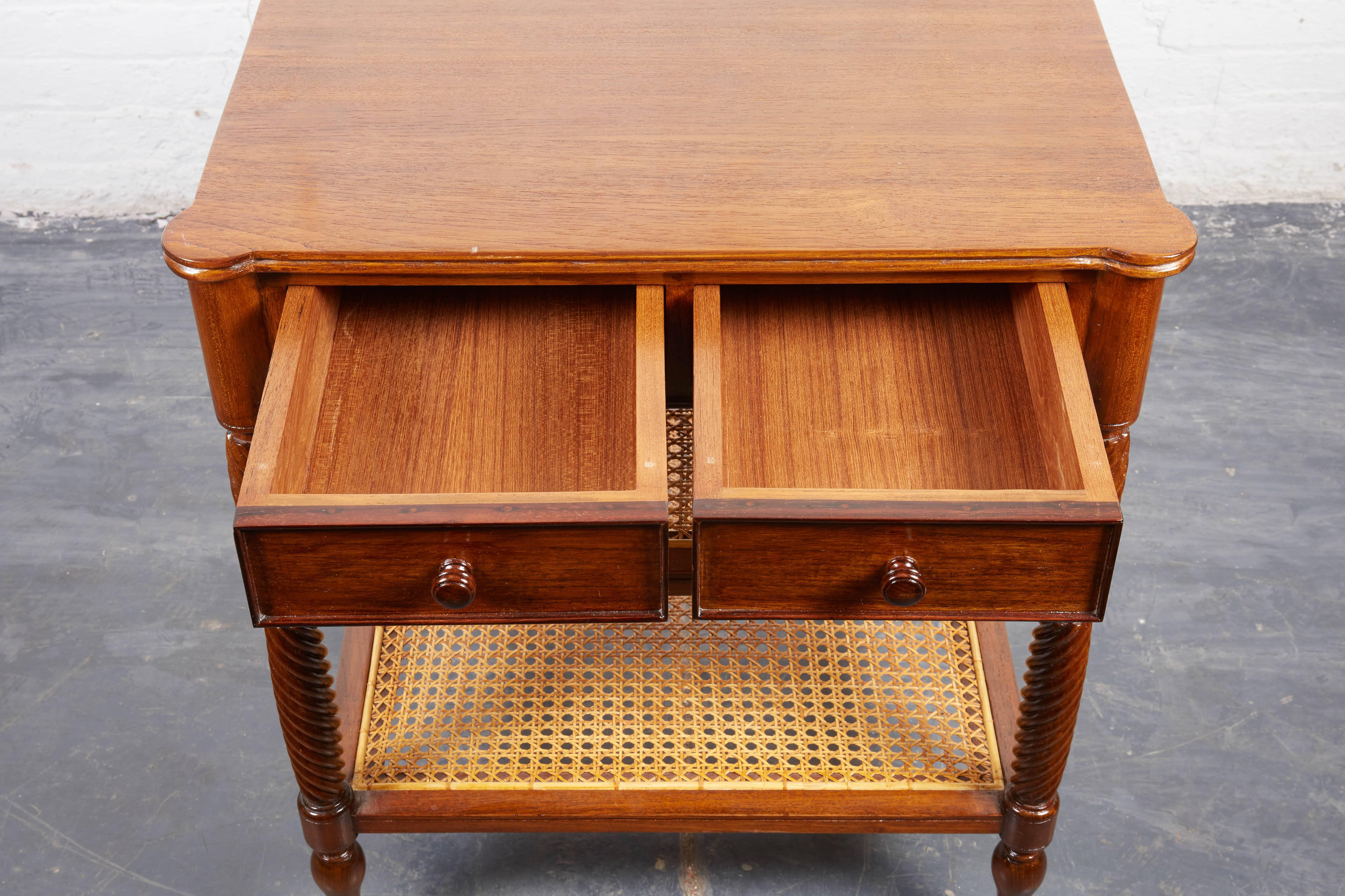 Late 20th Century Pair of Teak and Caned Etagere Side Tables