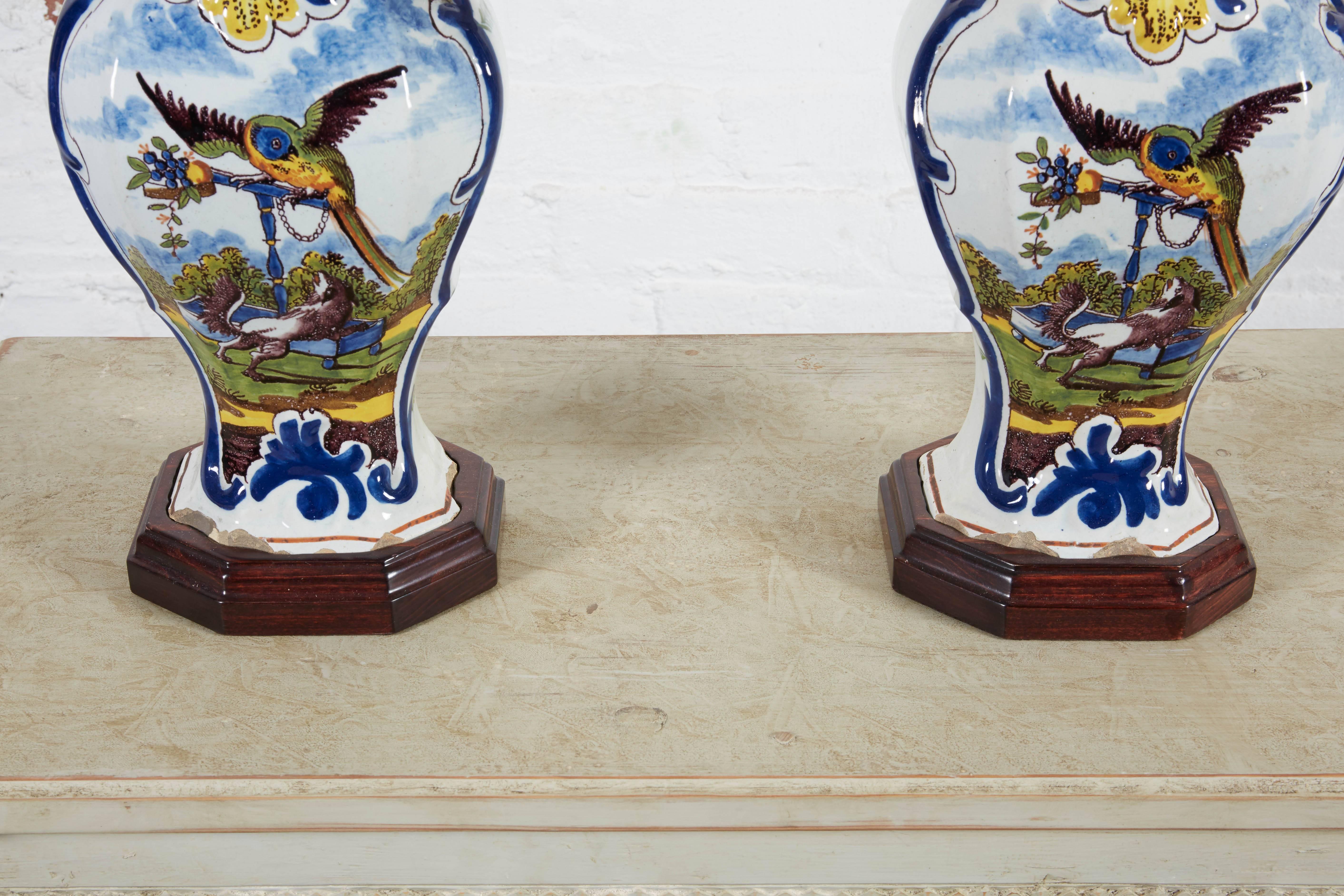 Dutch Pair of Polychrome Delft Vases Mounted Lamps