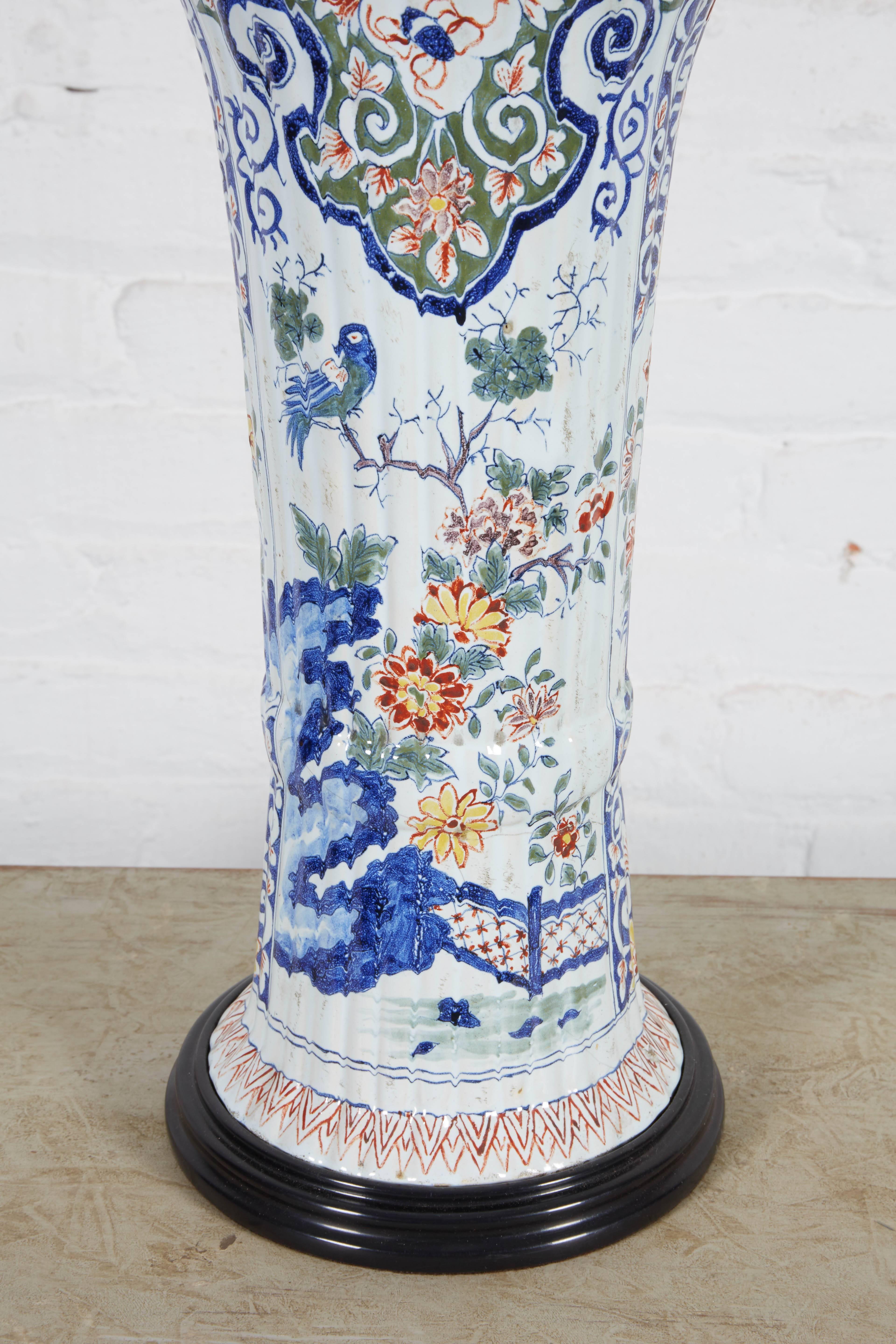 Dutch 18th Century Delft Polychrome Ribbed Beaker Vase Mounted as a Lamp