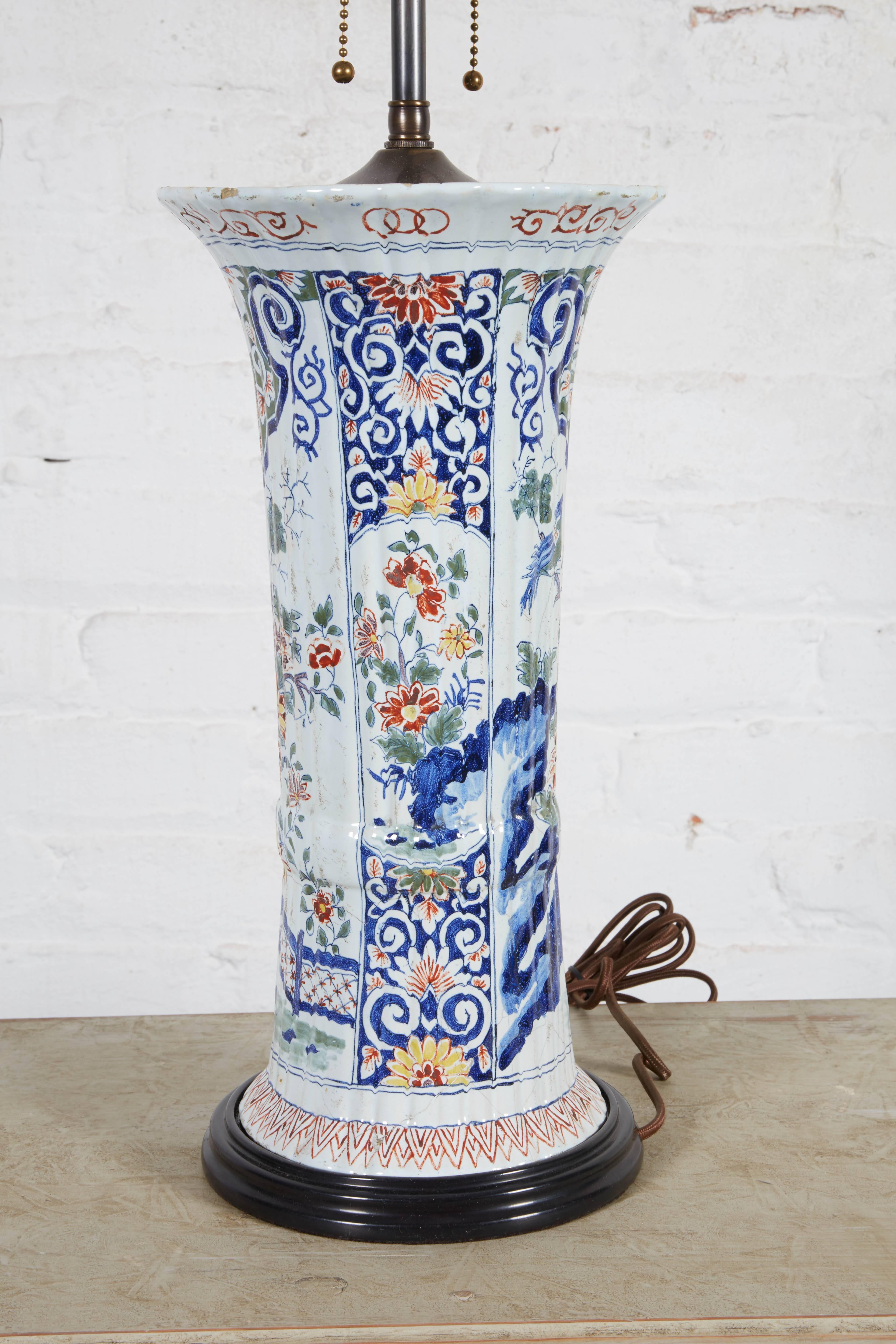 18th Century Delft Polychrome Ribbed Beaker Vase Mounted as a Lamp 1