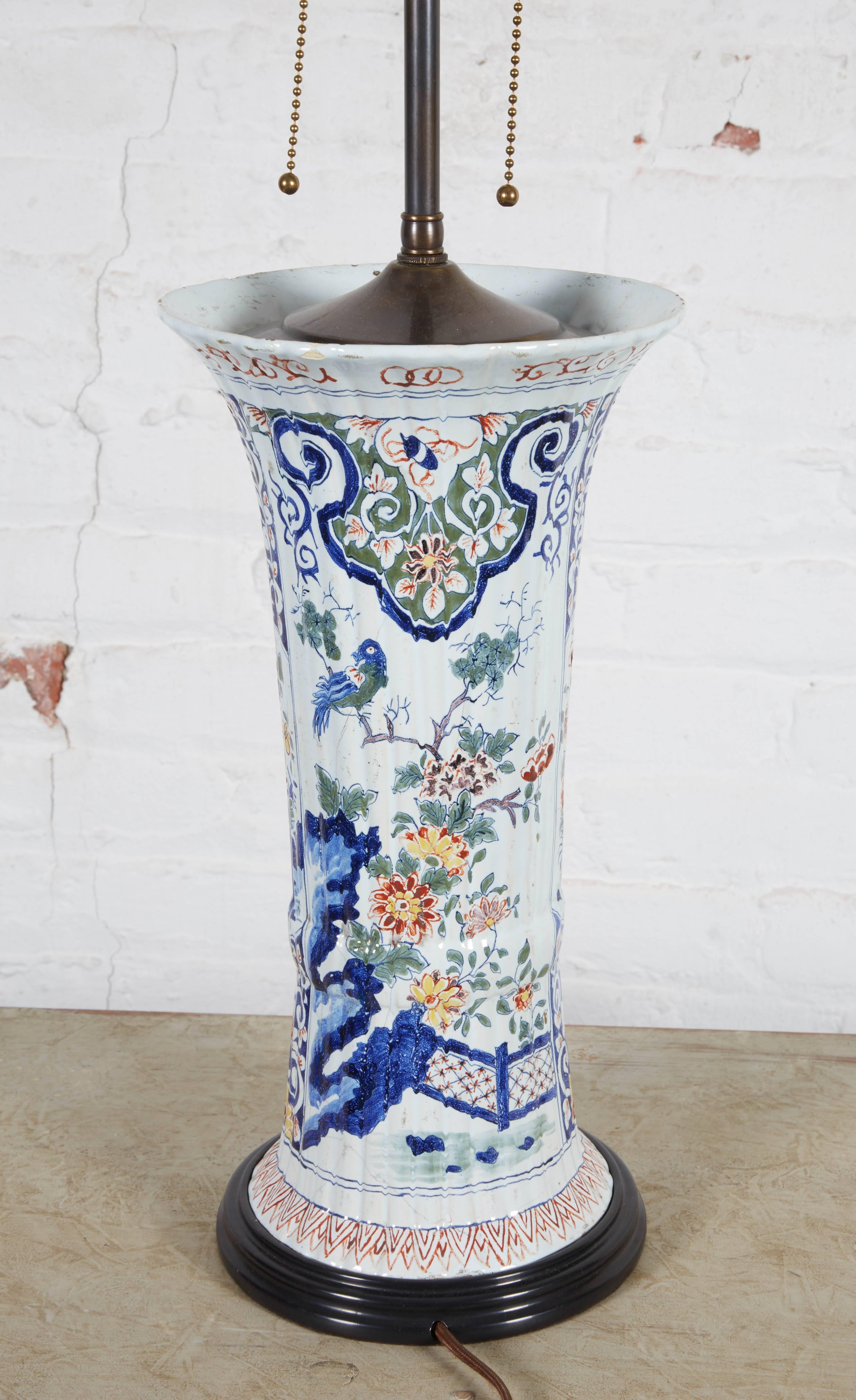 18th Century Delft Polychrome Ribbed Beaker Vase Mounted as a Lamp 2