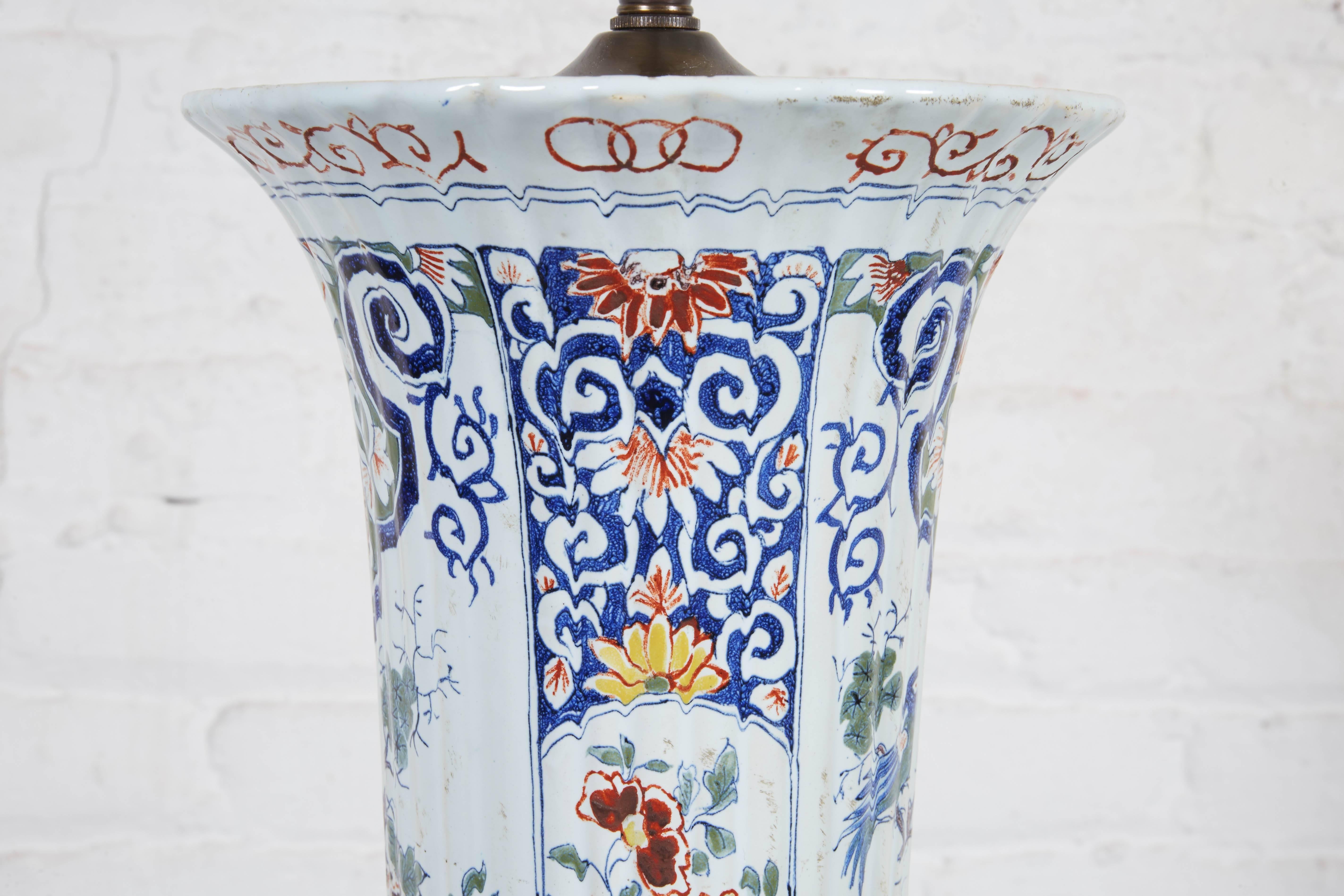 18th Century Delft Polychrome Ribbed Beaker Vase Mounted as a Lamp 3