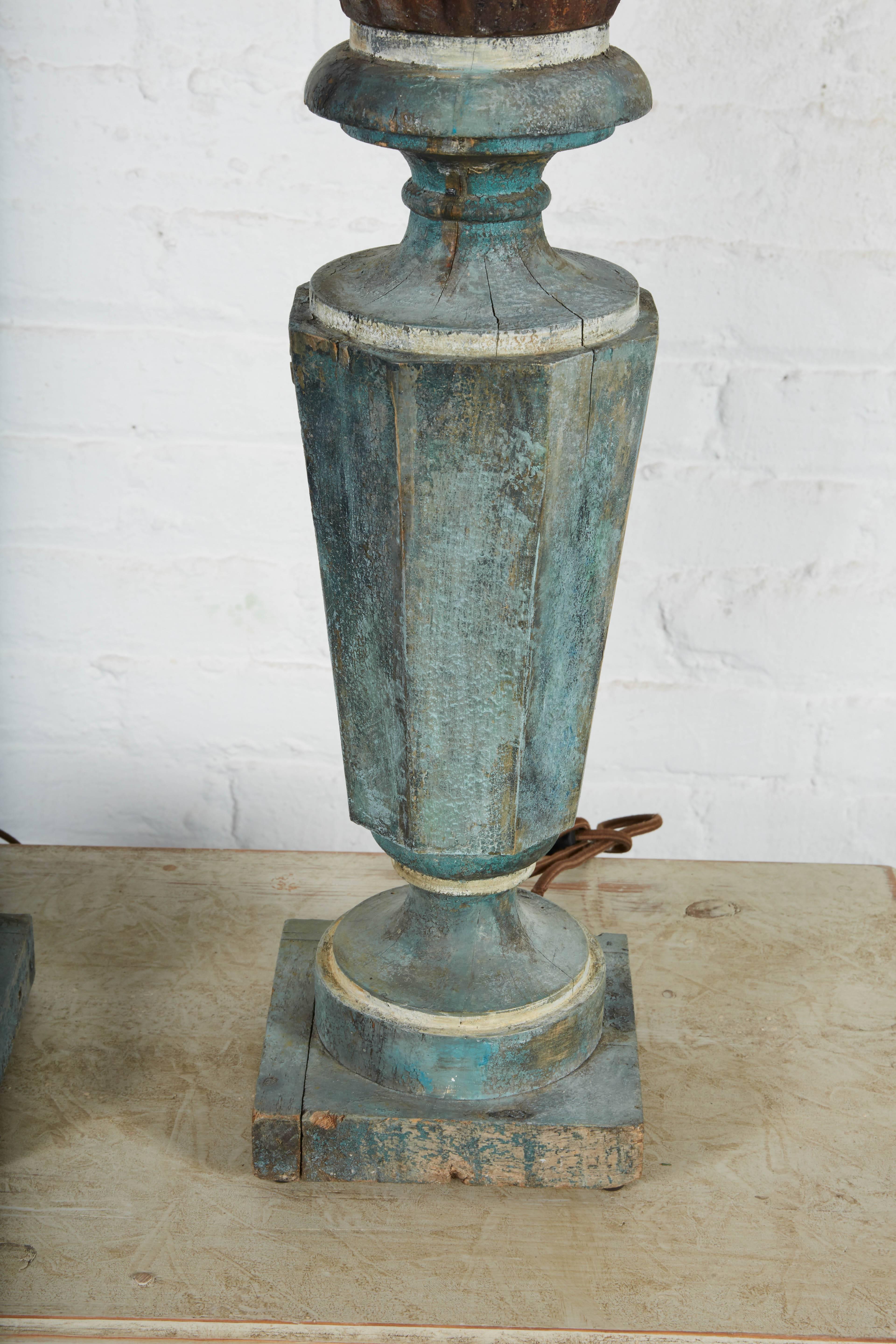 European Pair of Blue-Painted Pedestal Lamps