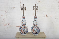 Pair of 18th Century Delft Polychrome Double Gourd Ribbed Vases Mounted as Lamps