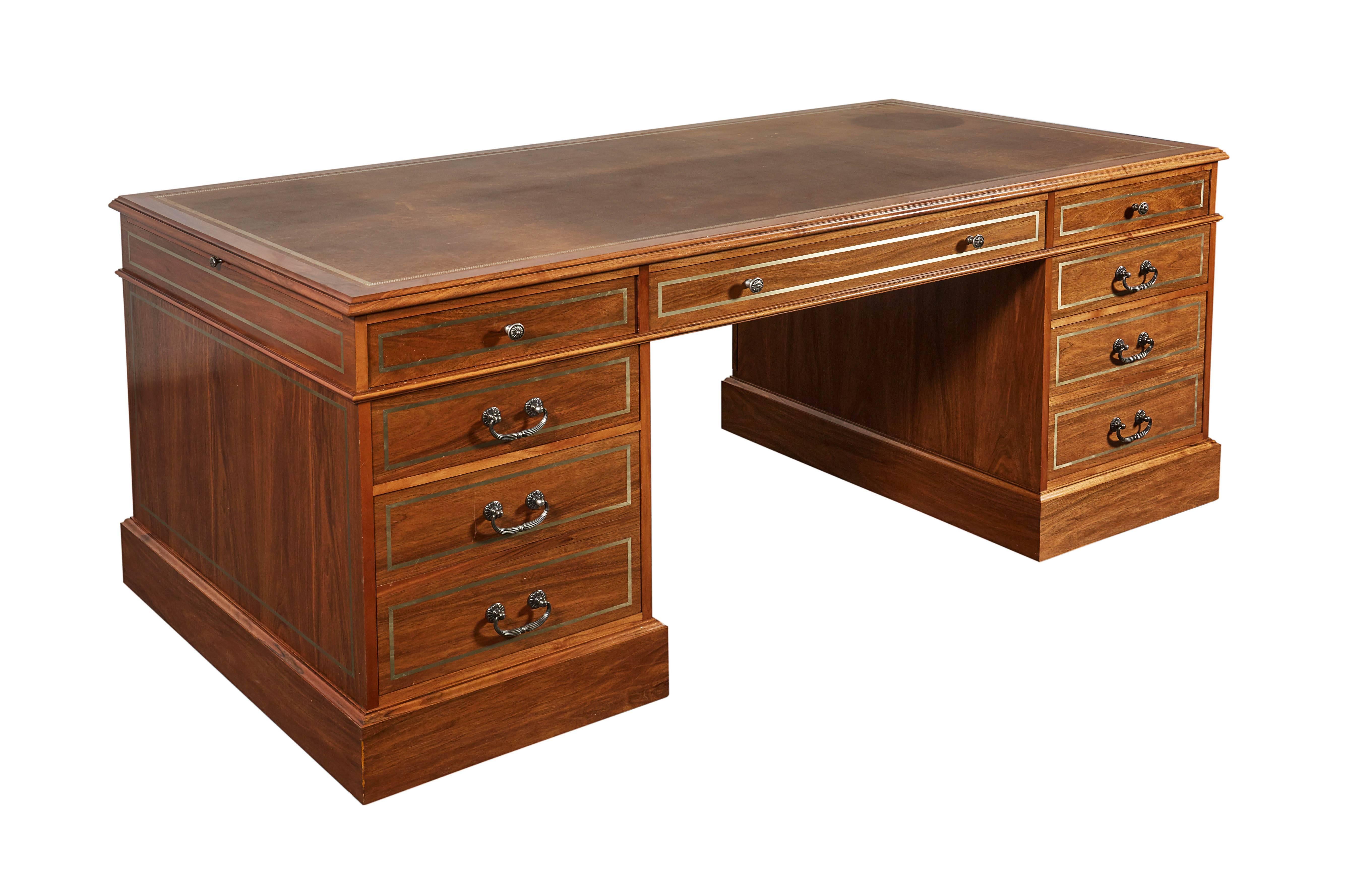 George III Leather-Top Walnut and Nickel Partners Pedestal Desk