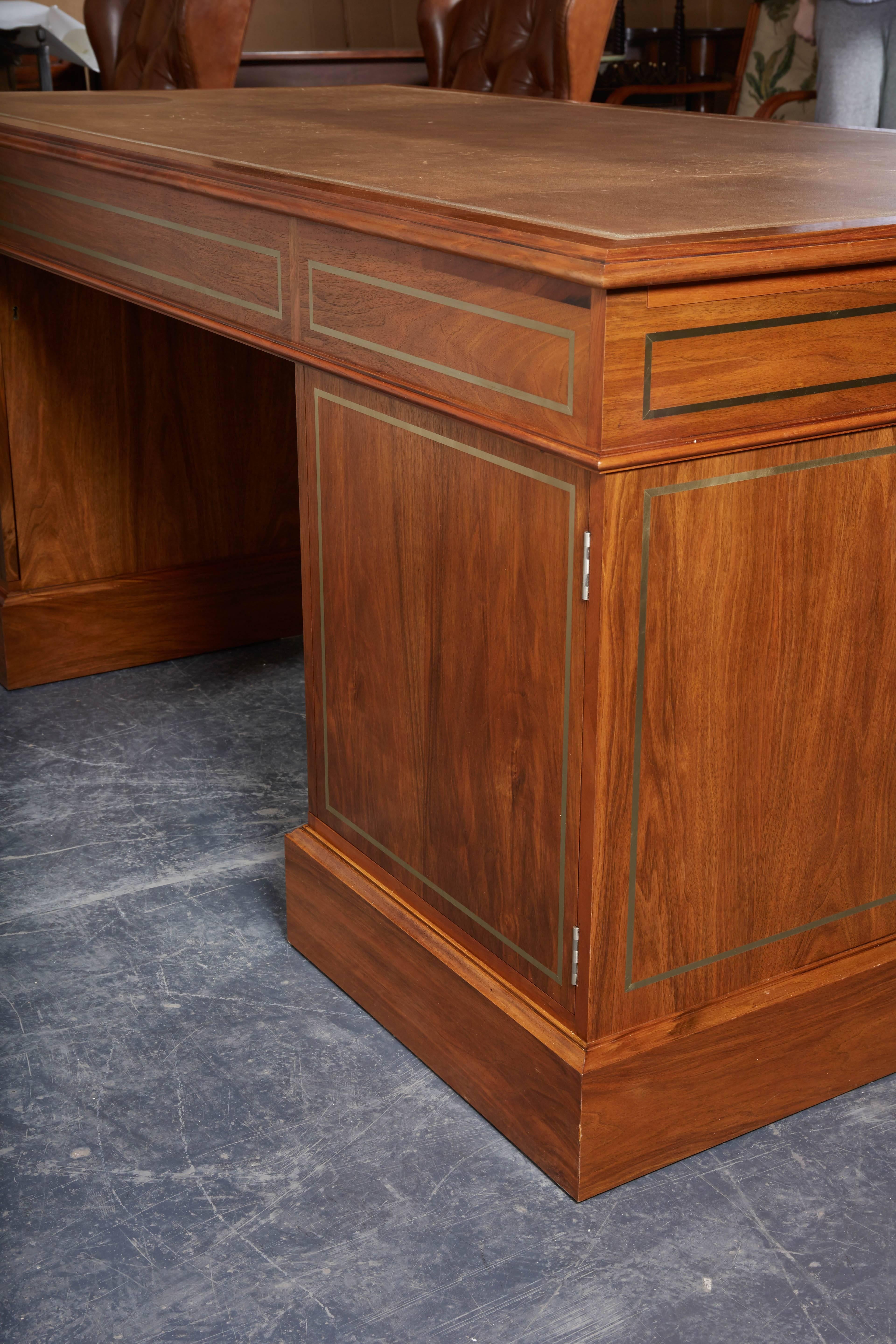 Leather-Top Walnut and Nickel Partners Pedestal Desk 4