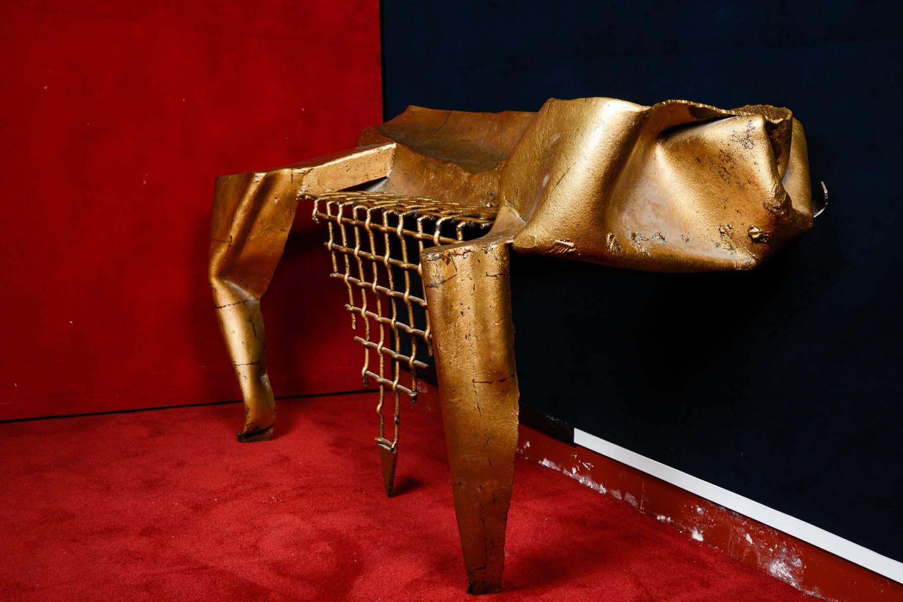 Late 20th Century Console in Wrought Iron with Gold Leaf by Artist Jean-Jacques Argueyrolles