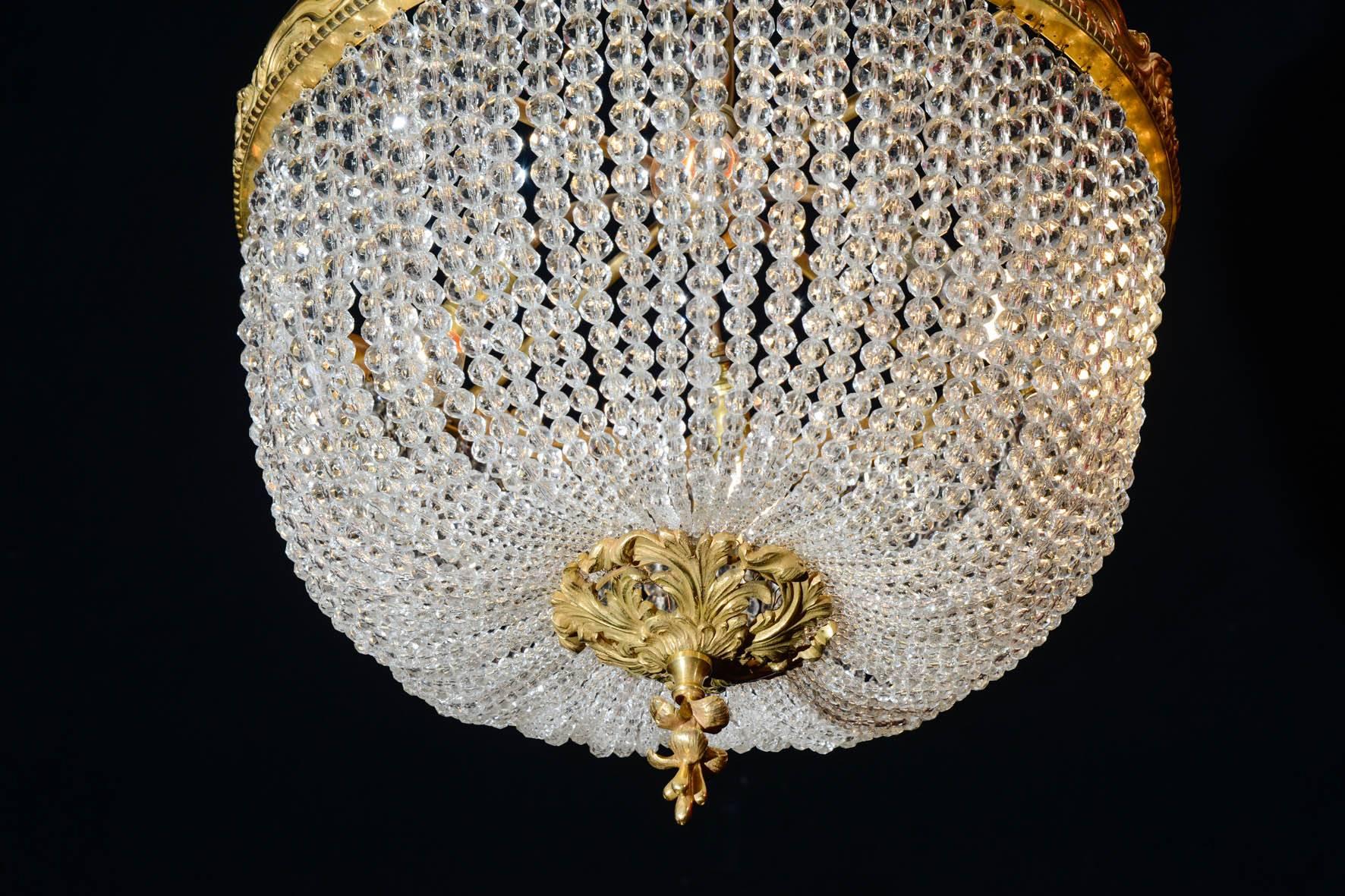 French Corbeille Style Chandelier, Crystals, Gold Gilt Bronze