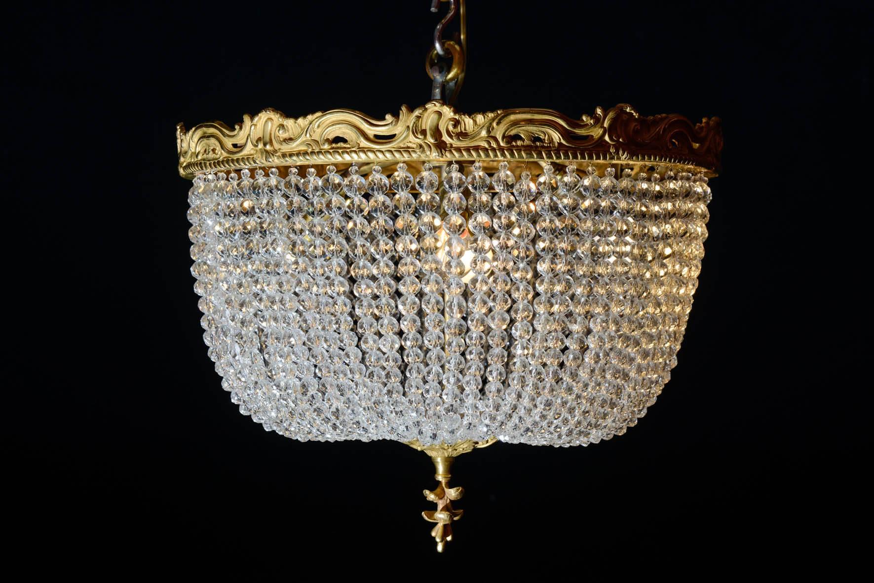 Late 19th Century Corbeille Style Chandelier, Crystals, Gold Gilt Bronze