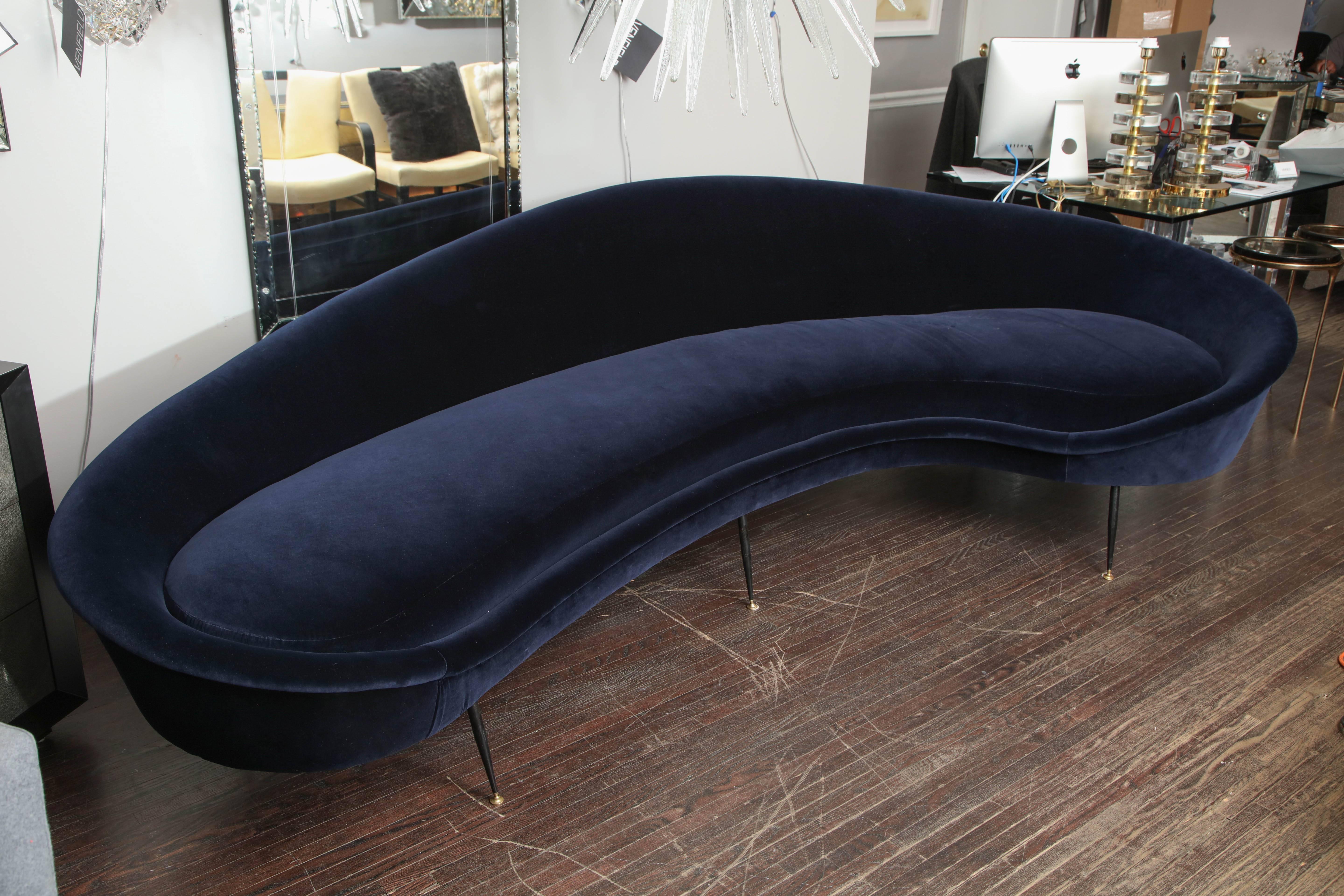 American Custom Curved Sofa with Brass Legs For Sale