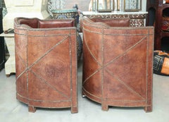 Superb Pair of Vintage Moroccan Leather Barrel Chairs