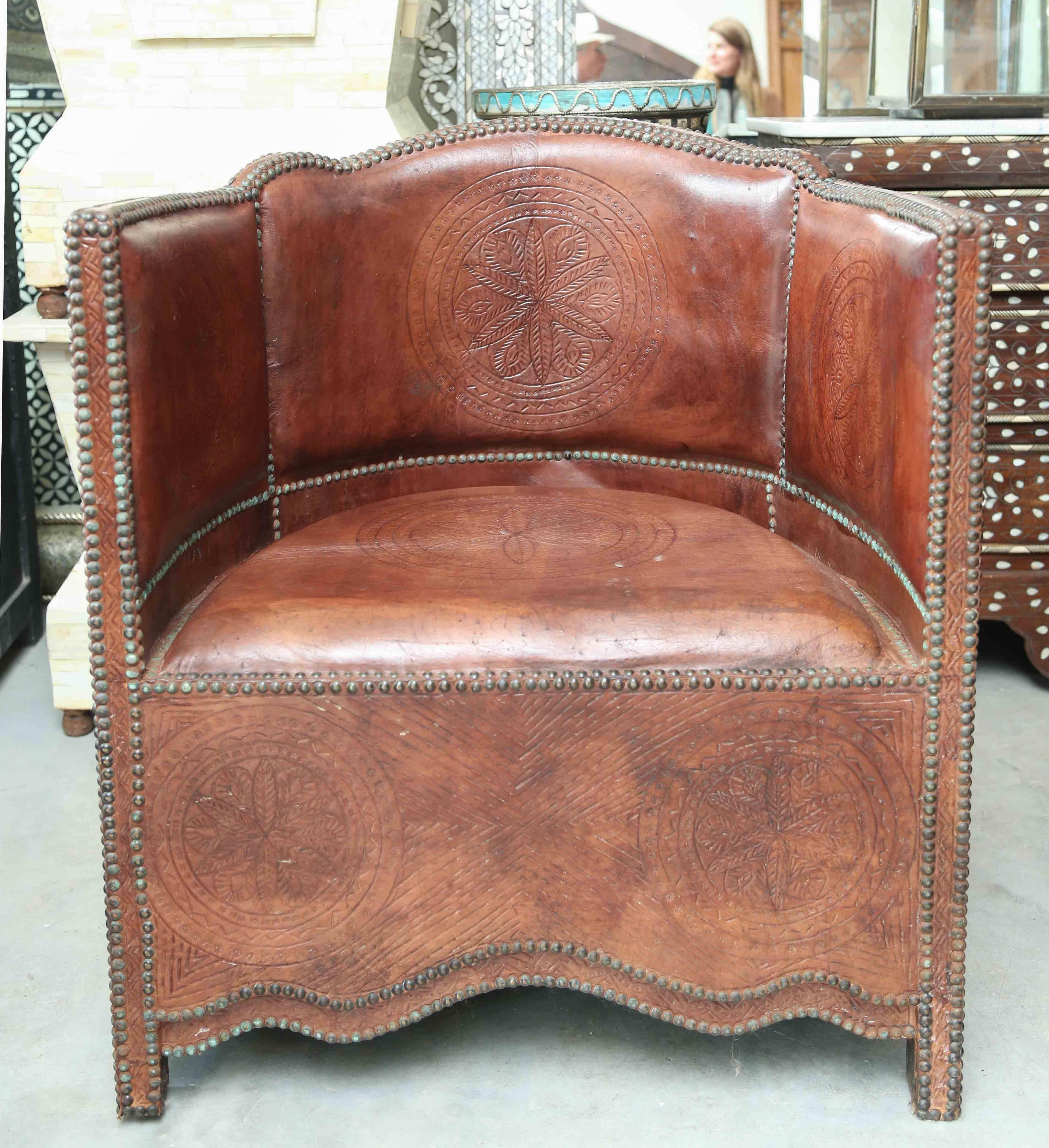 Superb Pair of Vintage Moroccan Leather Barrel Chairs 1