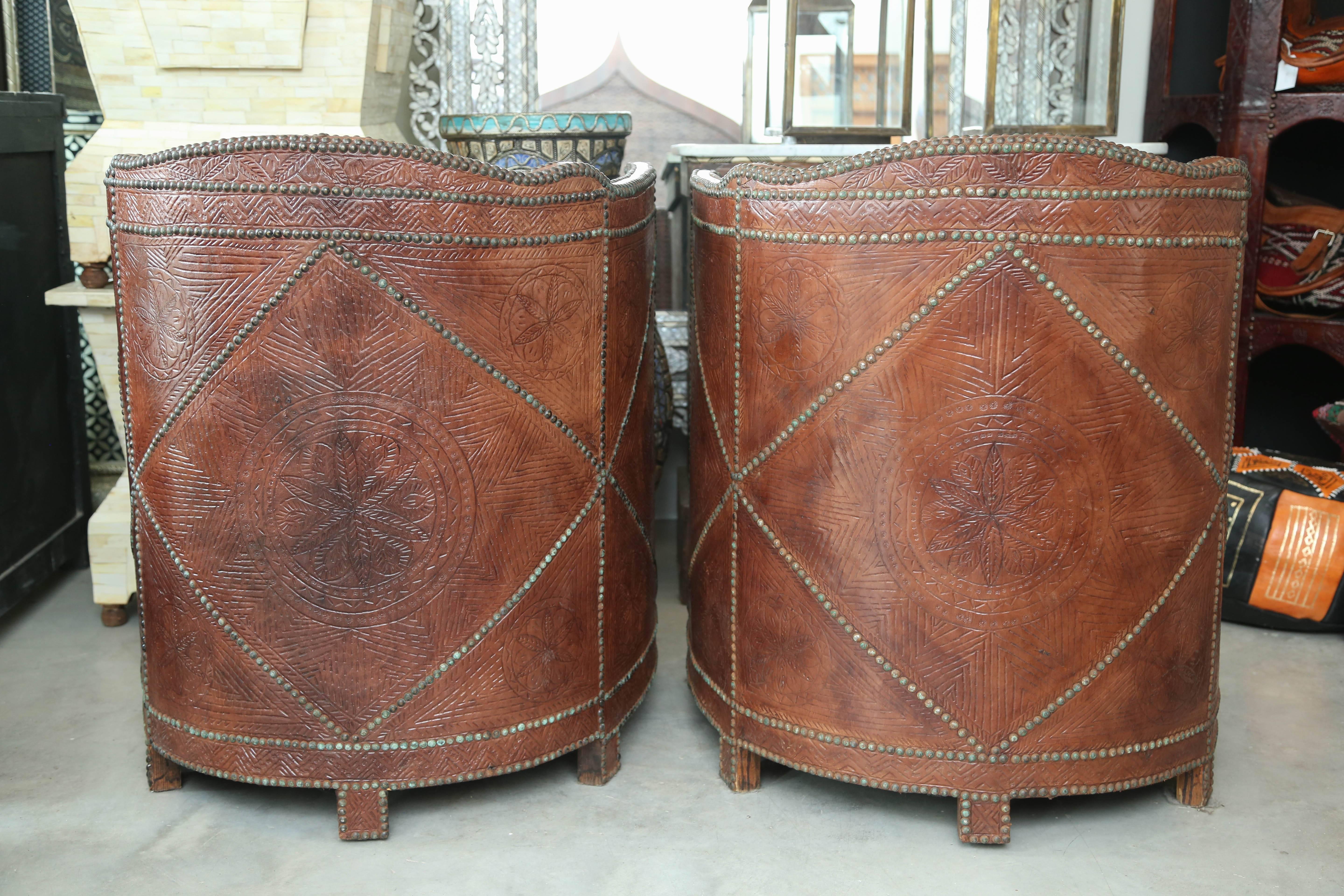 Superb Pair of Vintage Moroccan Leather Barrel Chairs 3