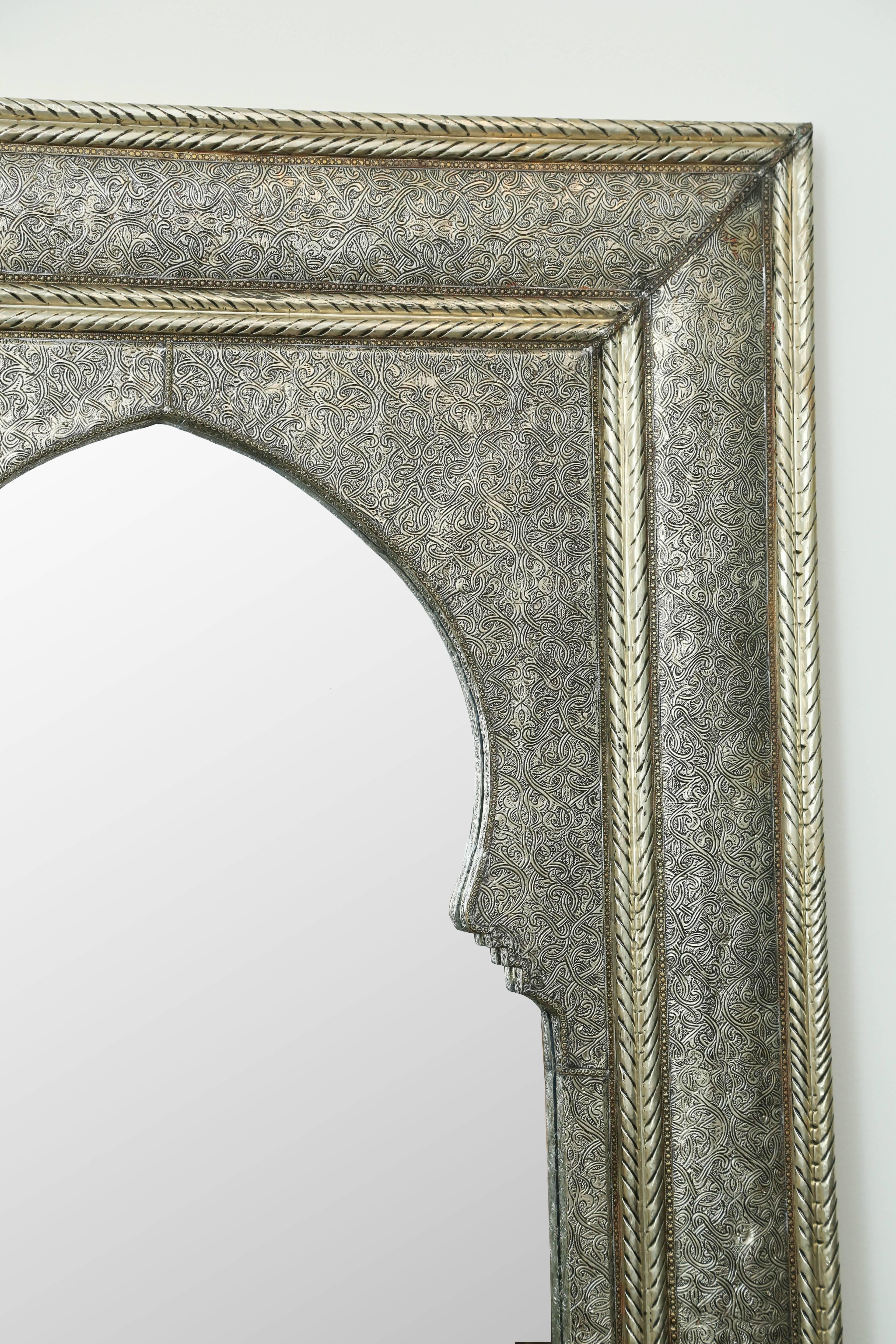This matching pair of floor length mirrors feature the Classic Moroccan key hole arch shape. The sturdy wood frame is overlaid with hand tooled and meticulously carved metal.
Handcrafted and imported from Morocco.
       