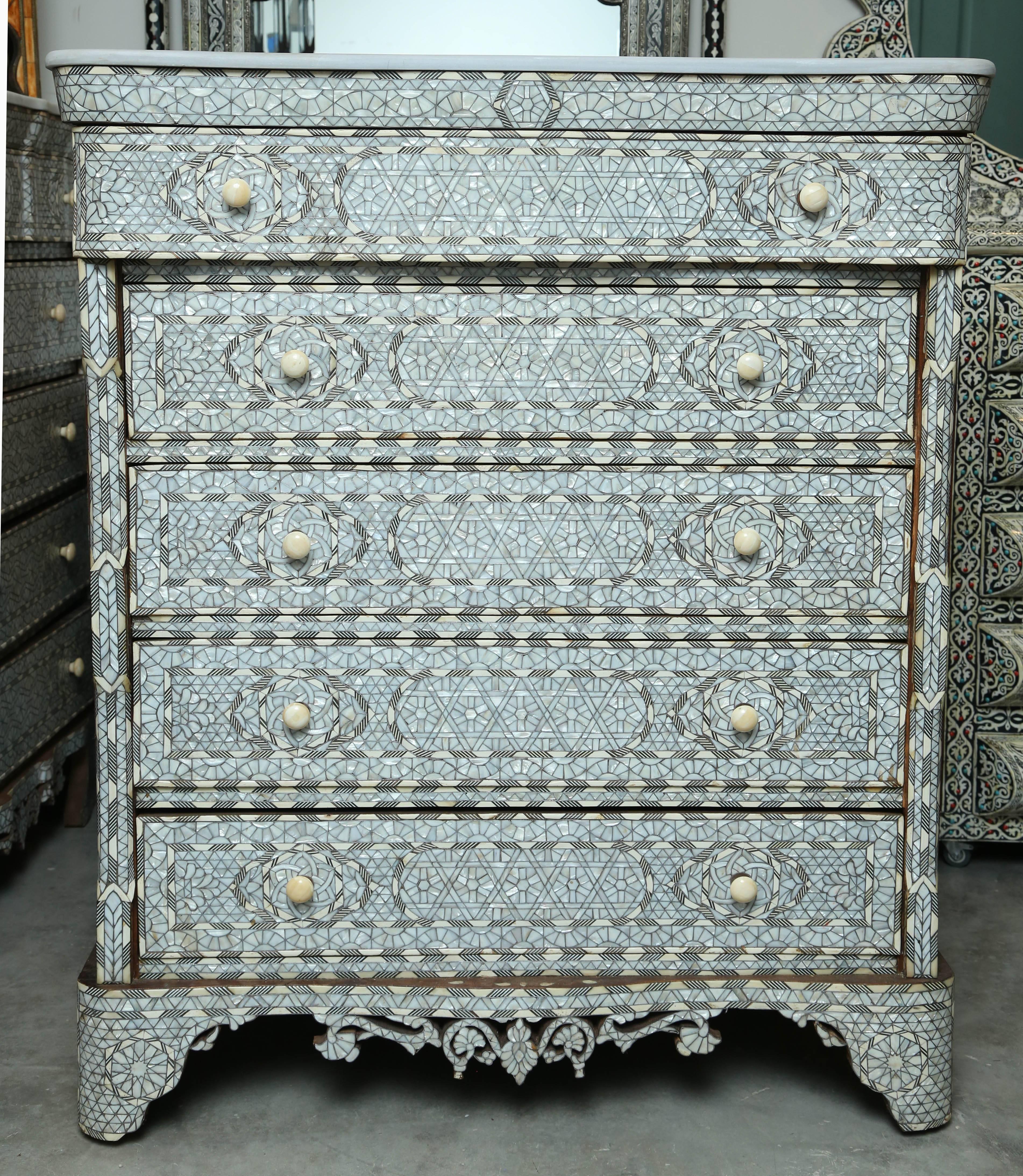 Stunning  19th Century Syrian Five-Drawer Mother-of-Pearl Inlay Dresser 2