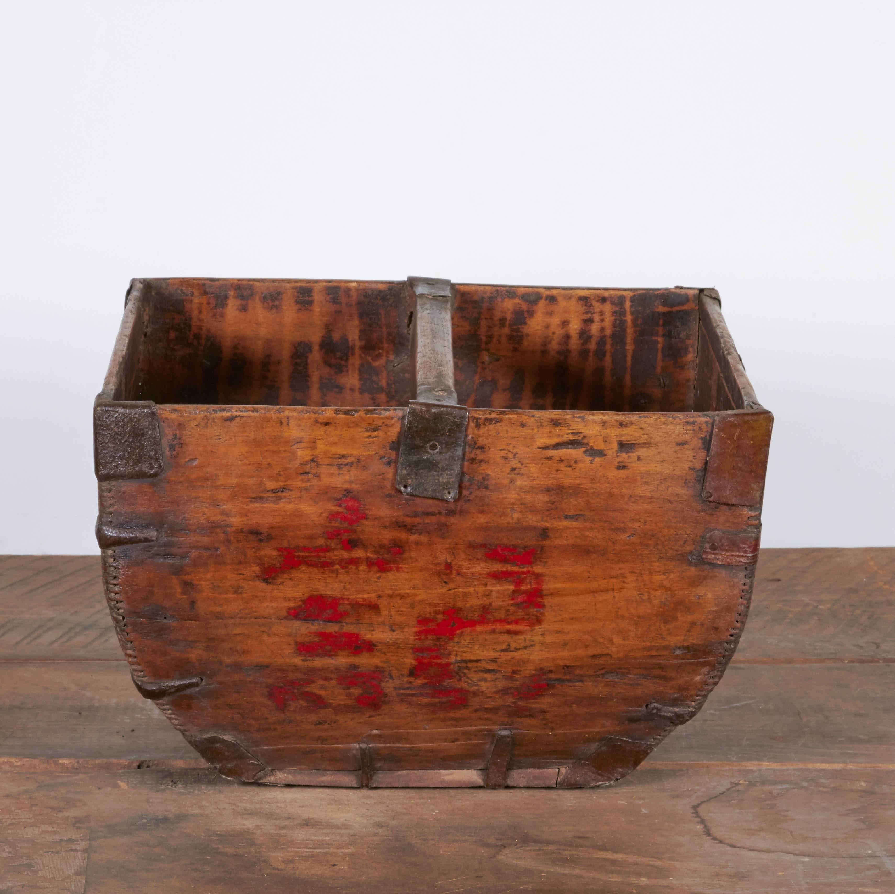 Antique Chinese Rice Measure Basket with Great Patina and Faded Red Characters In Good Condition In New York, NY