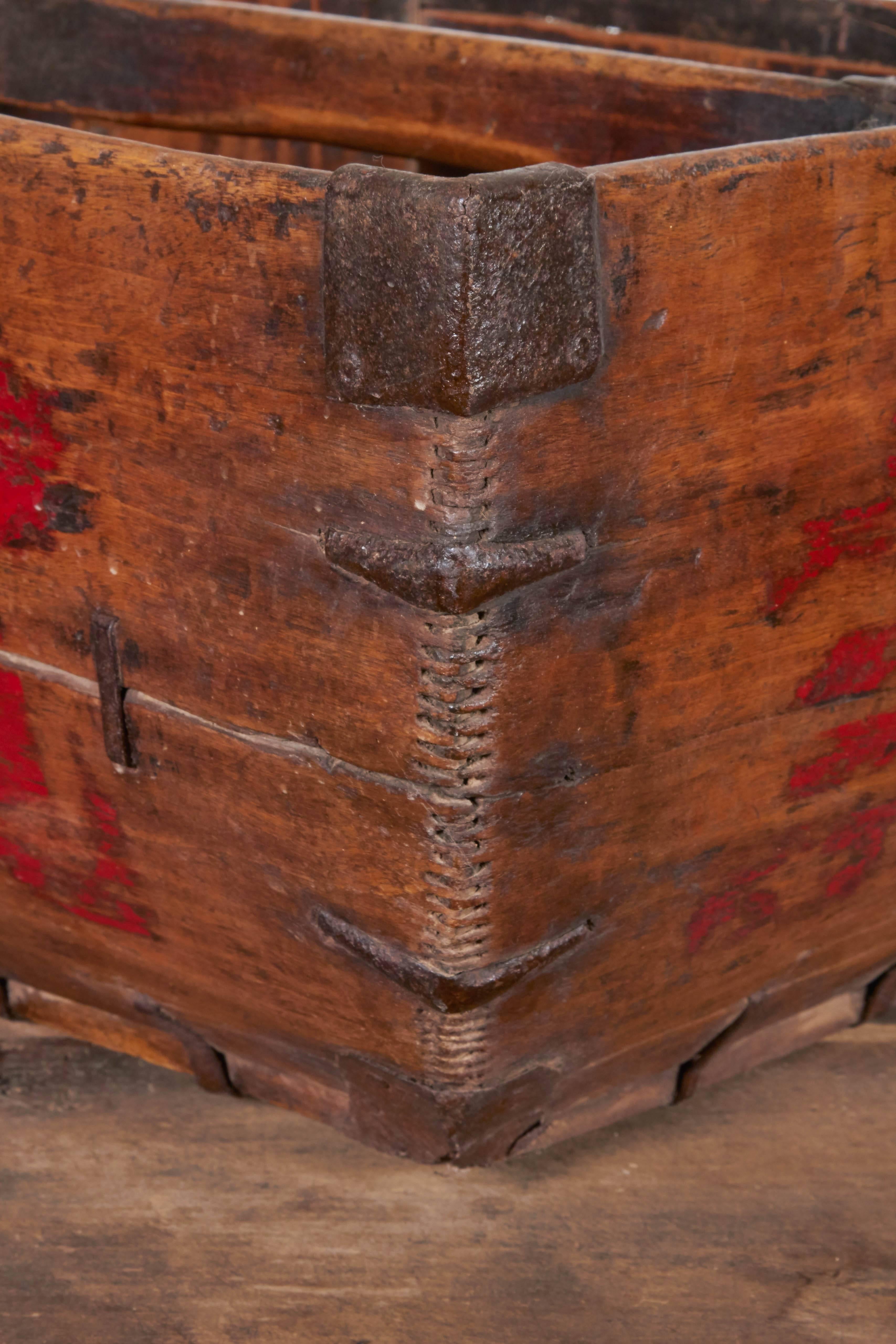 Elm Antique Chinese Rice Measure Basket with Great Patina and Faded Red Characters